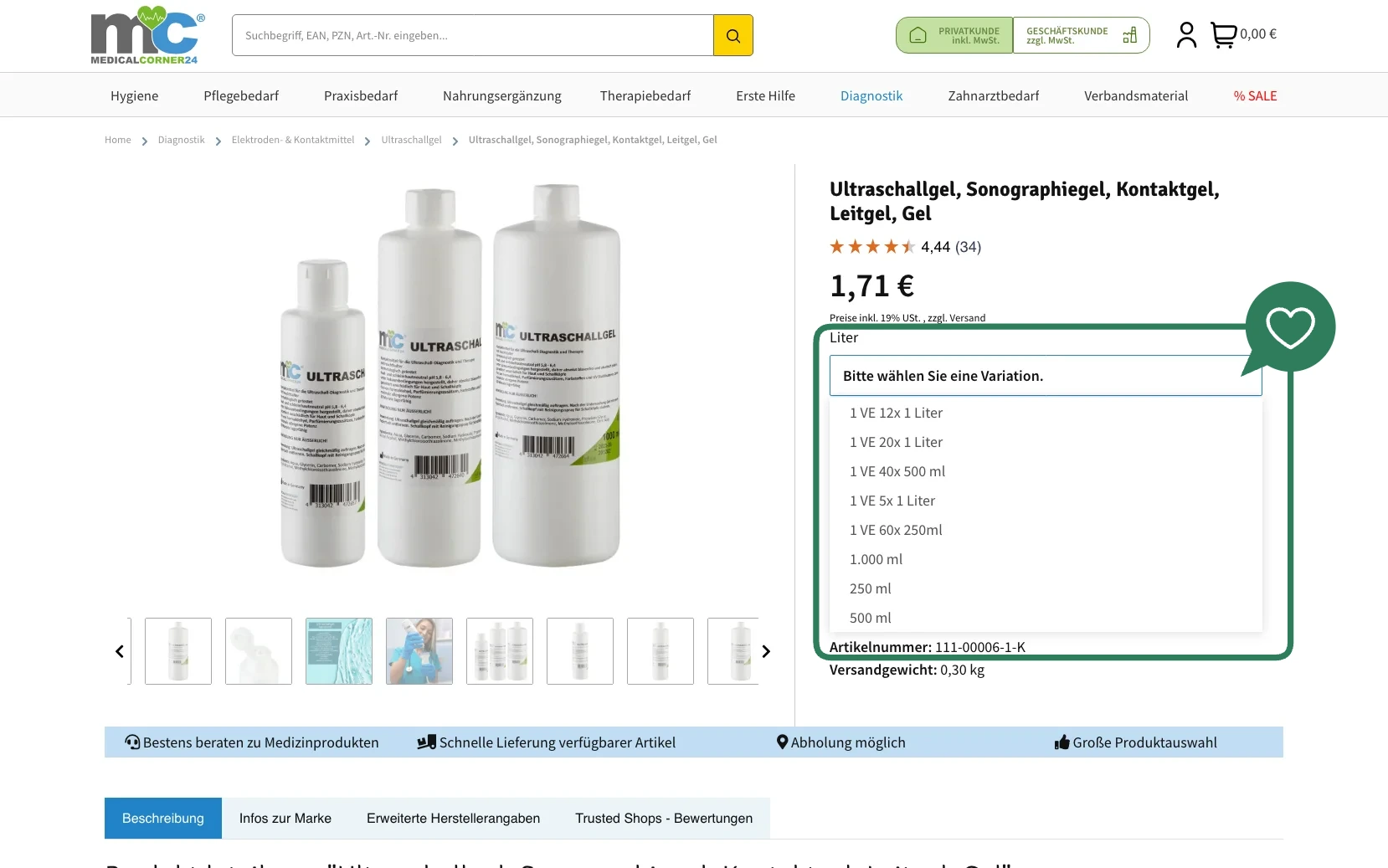 Screenshot-Beleg: medicalcorner24 — Kriterium 4.4 Verpackungseinheit / Varianten