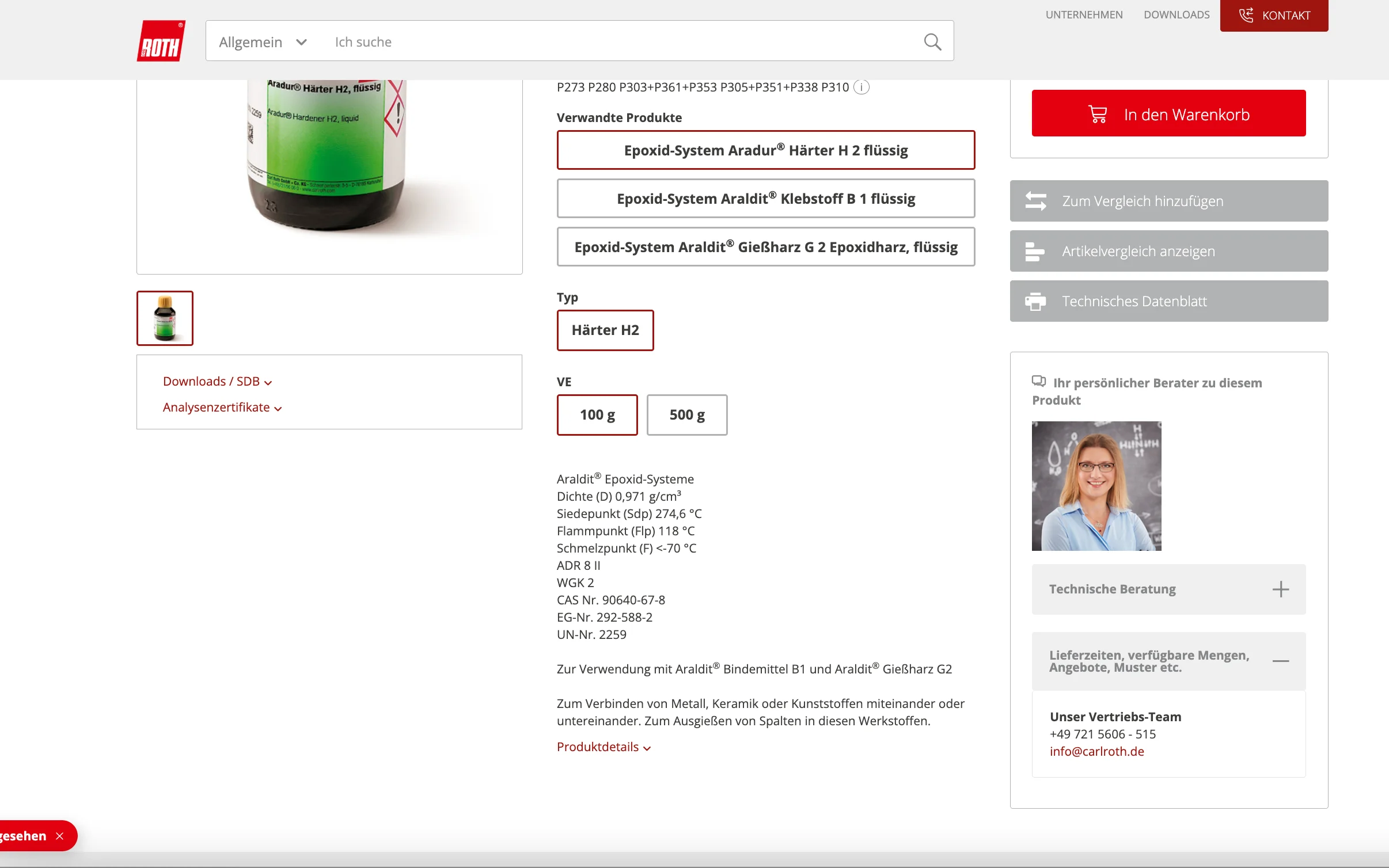 Screenshot-Beleg: Carl Roth — Kriterium 6.1 Kontaktmöglichkeiten präsent