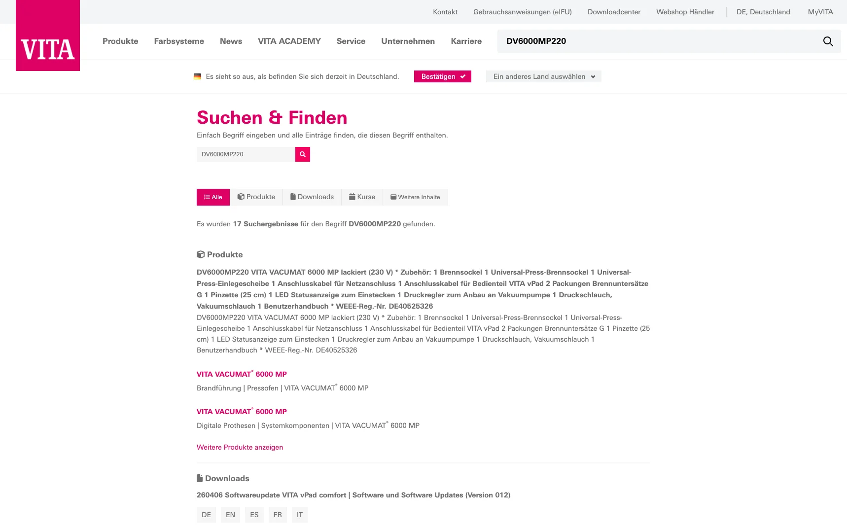 Screenshot-Beleg: VITA Zahnfabrik — Kriterium 2.2 Suche per Artikelnr./PZN/REF