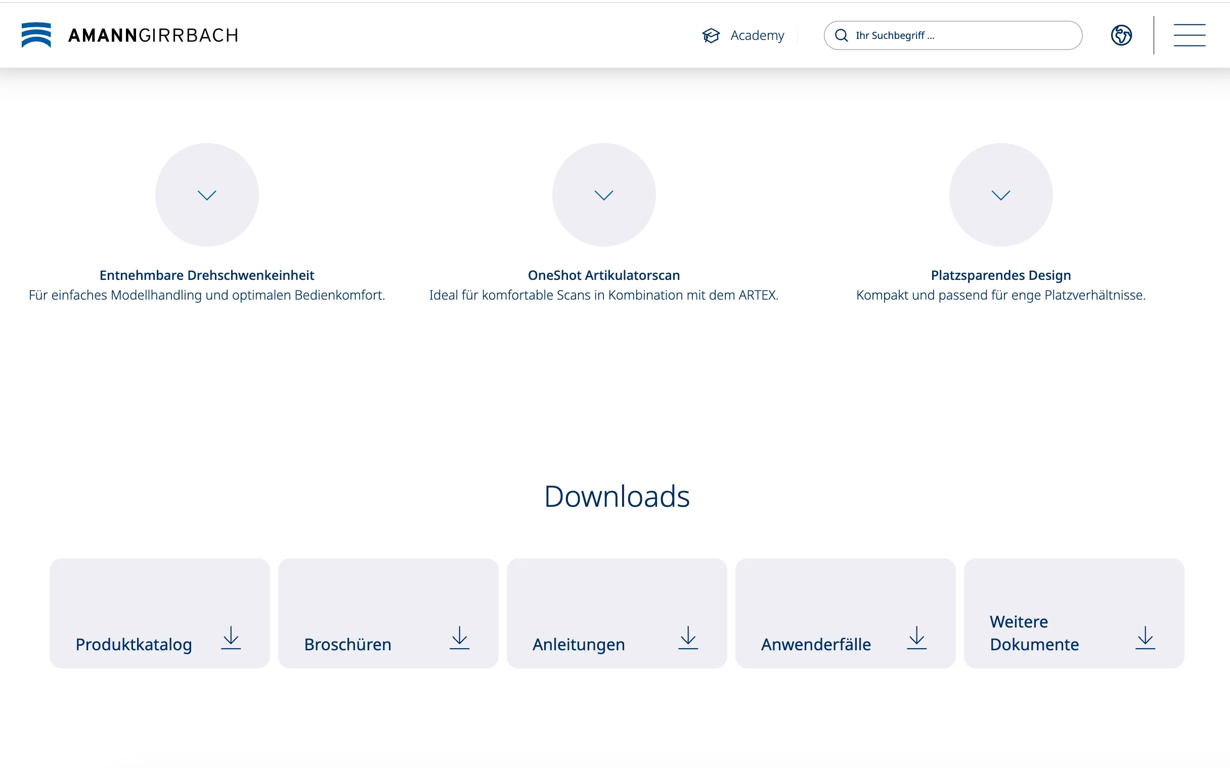 Screenshot-Beleg: Amann Girrbach — Kriterium 4.2 Tech. Dokumente downloadbar