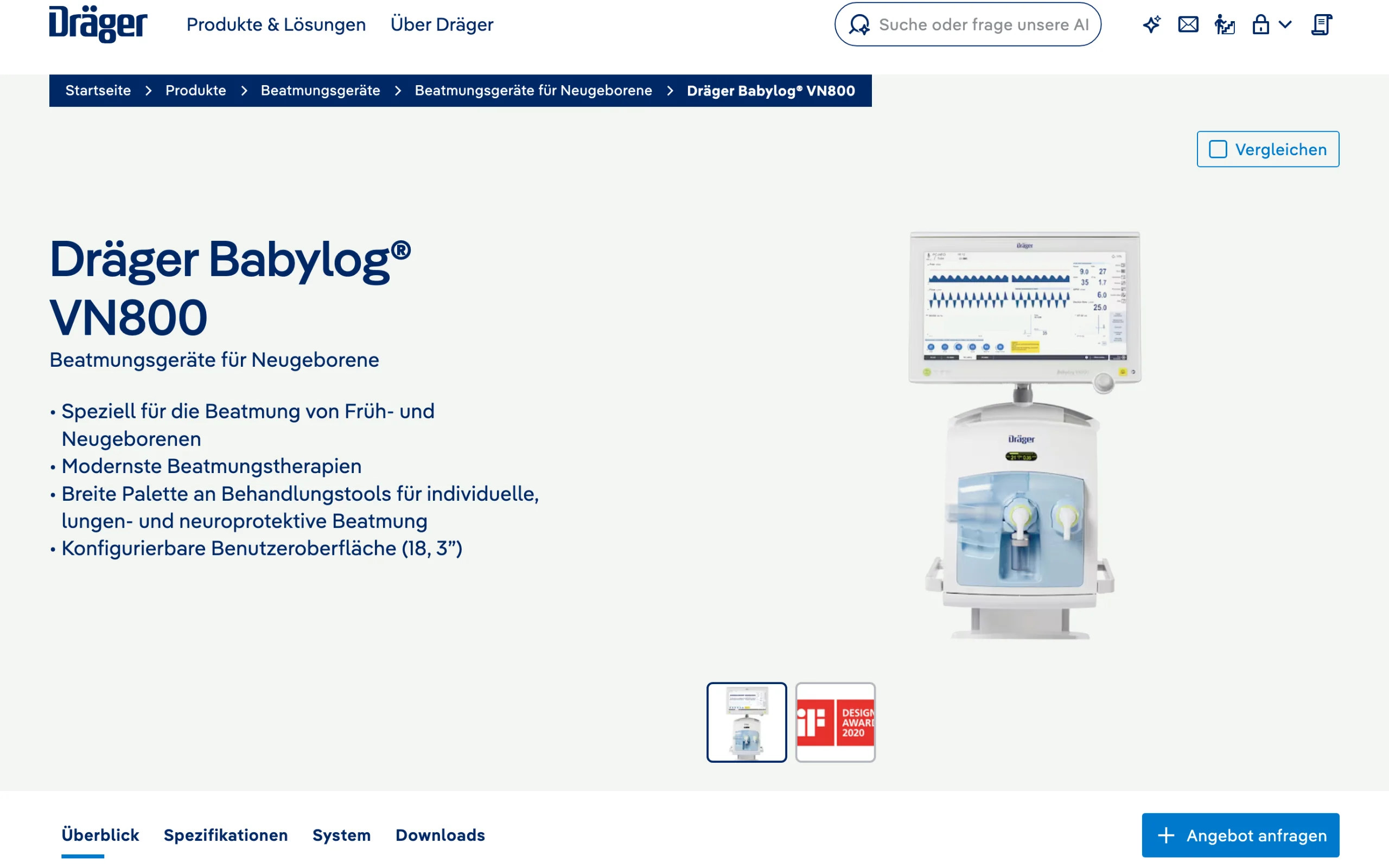 Screenshot-Beleg: Dräger — Kriterium 5.1 „Wo kaufen"-Info auf Site