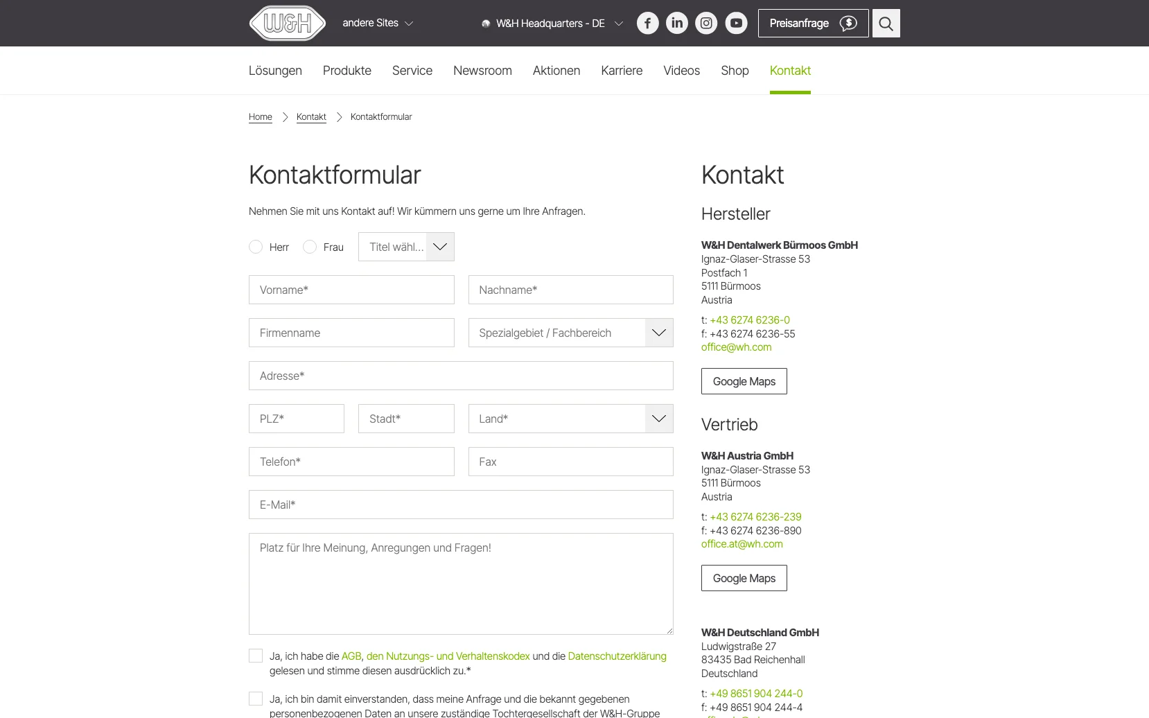 Screenshot-Beleg: W&H Dentalwerk — Kriterium 6.1 Kontaktmöglichkeiten präsent
