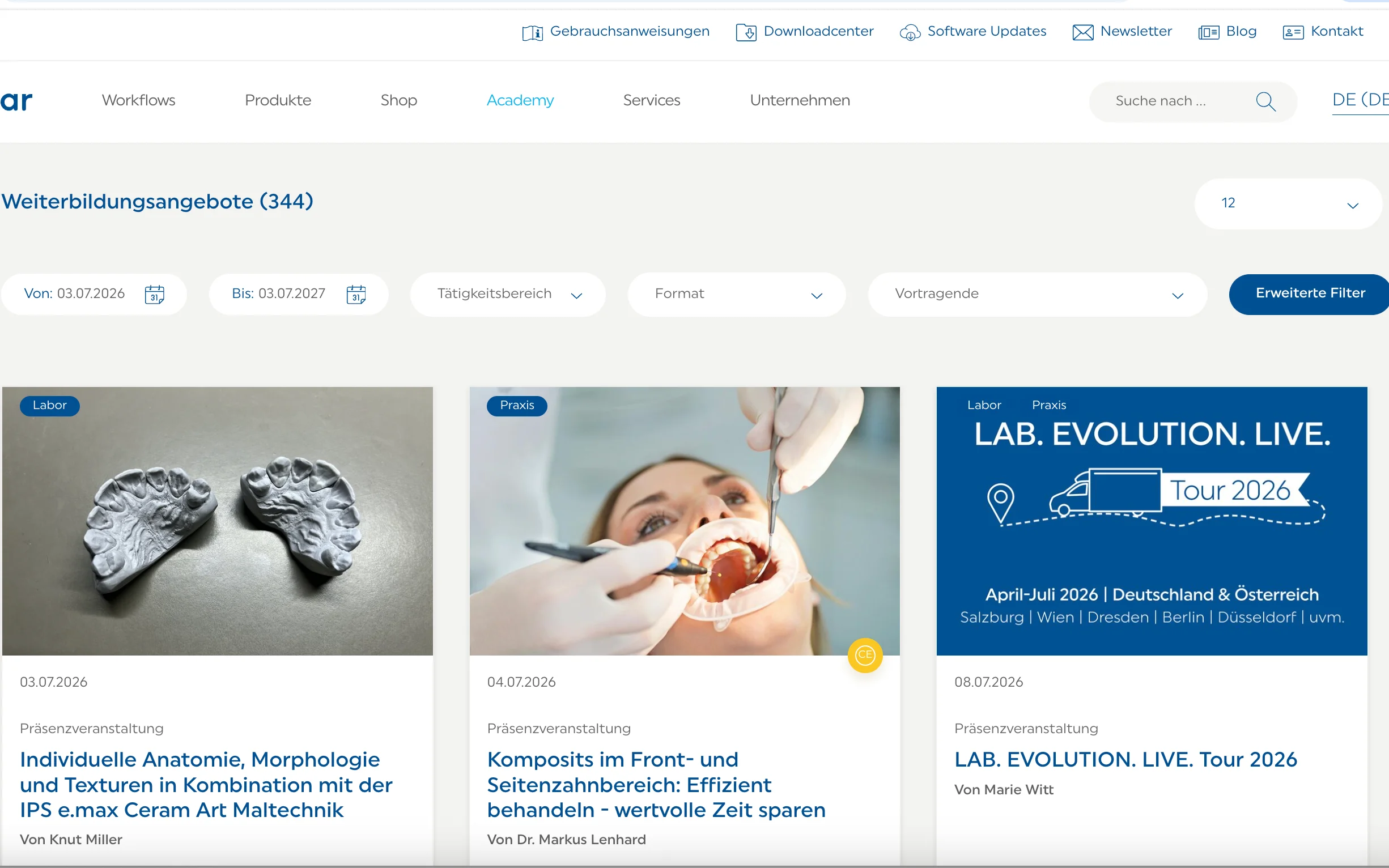 Screenshot-Beleg: Ivoclar Vivadent — Kriterium 6.4 Schulungs- / Education-Hub
