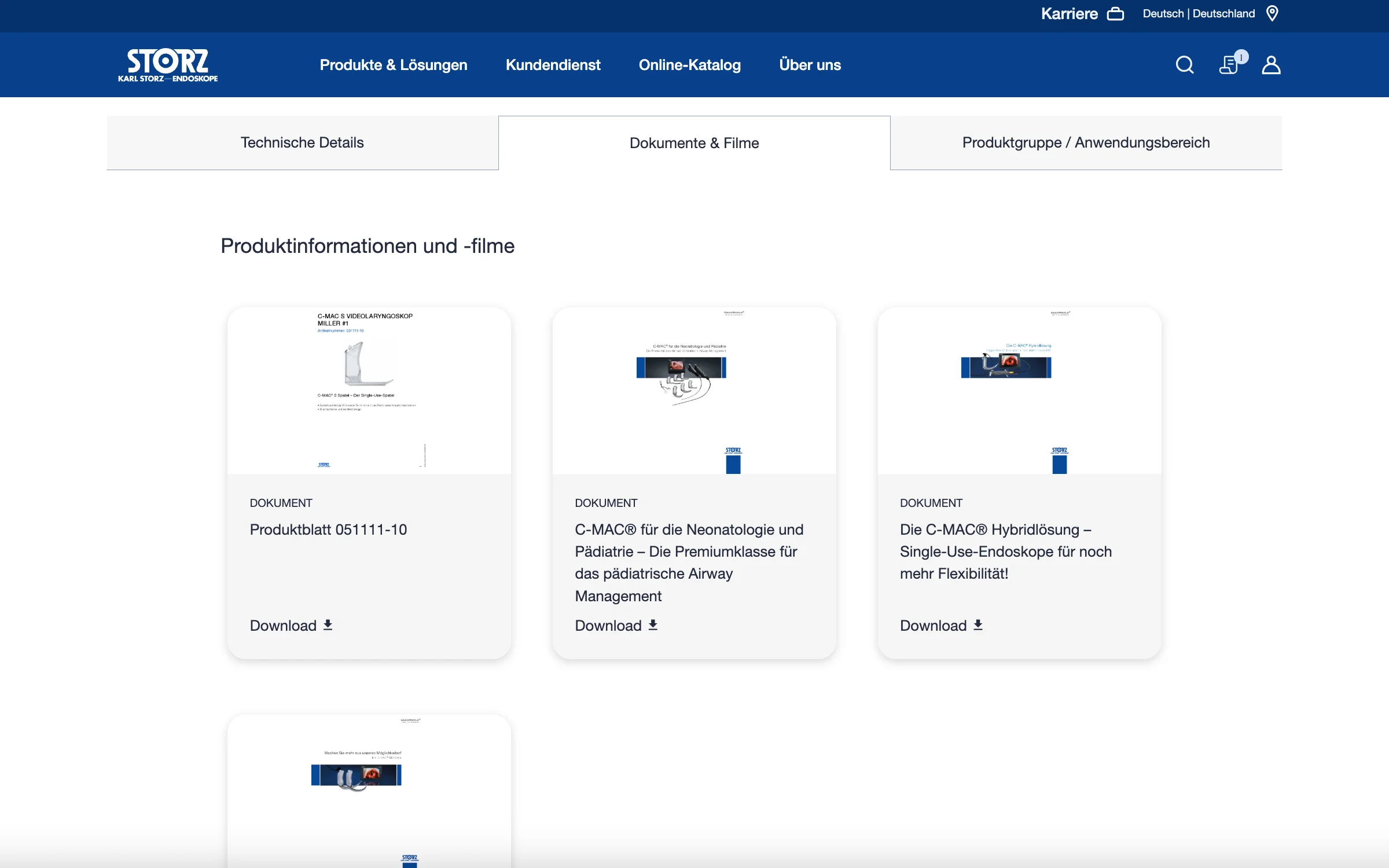 Screenshot-Beleg: Karl Storz — Kriterium 4.2 Tech. Dokumente downloadbar