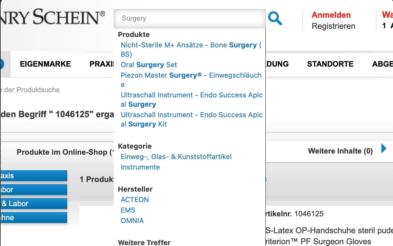 Screenshot-Beleg: Henry Schein Dental — Kriterium 2.3 Suchvorschläge während der Eingabe