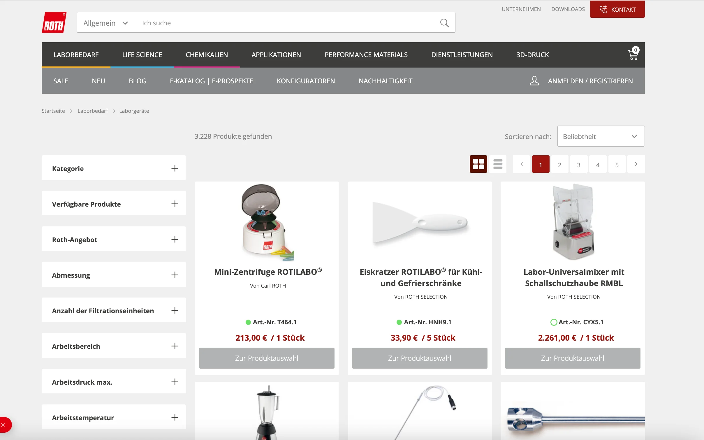 Screenshot-Beleg: Carl Roth — Kriterium 3.1 Filter in der Produktliste (Anzahl)