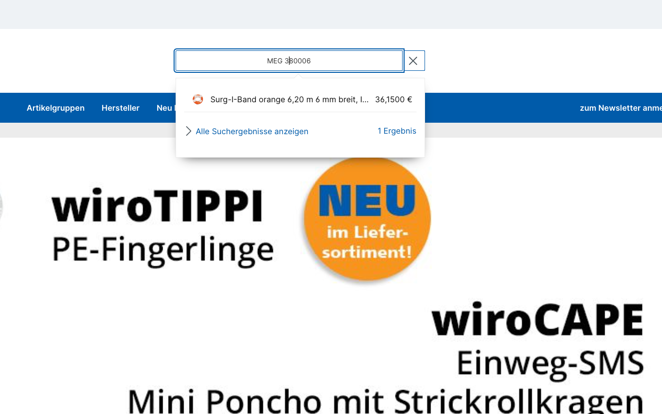 Screenshot-Beleg: Megro — Kriterium 2.2 Suche per Artikelnr./PZN/REF