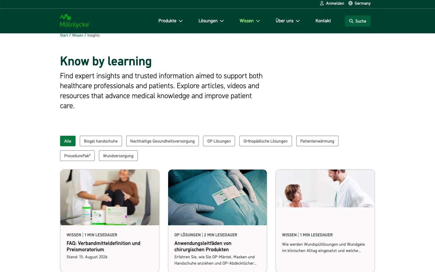 Screenshot-Beleg: Mölnlycke Health Care — Kriterium 6.7 Content-/Ratgeber-Bereich