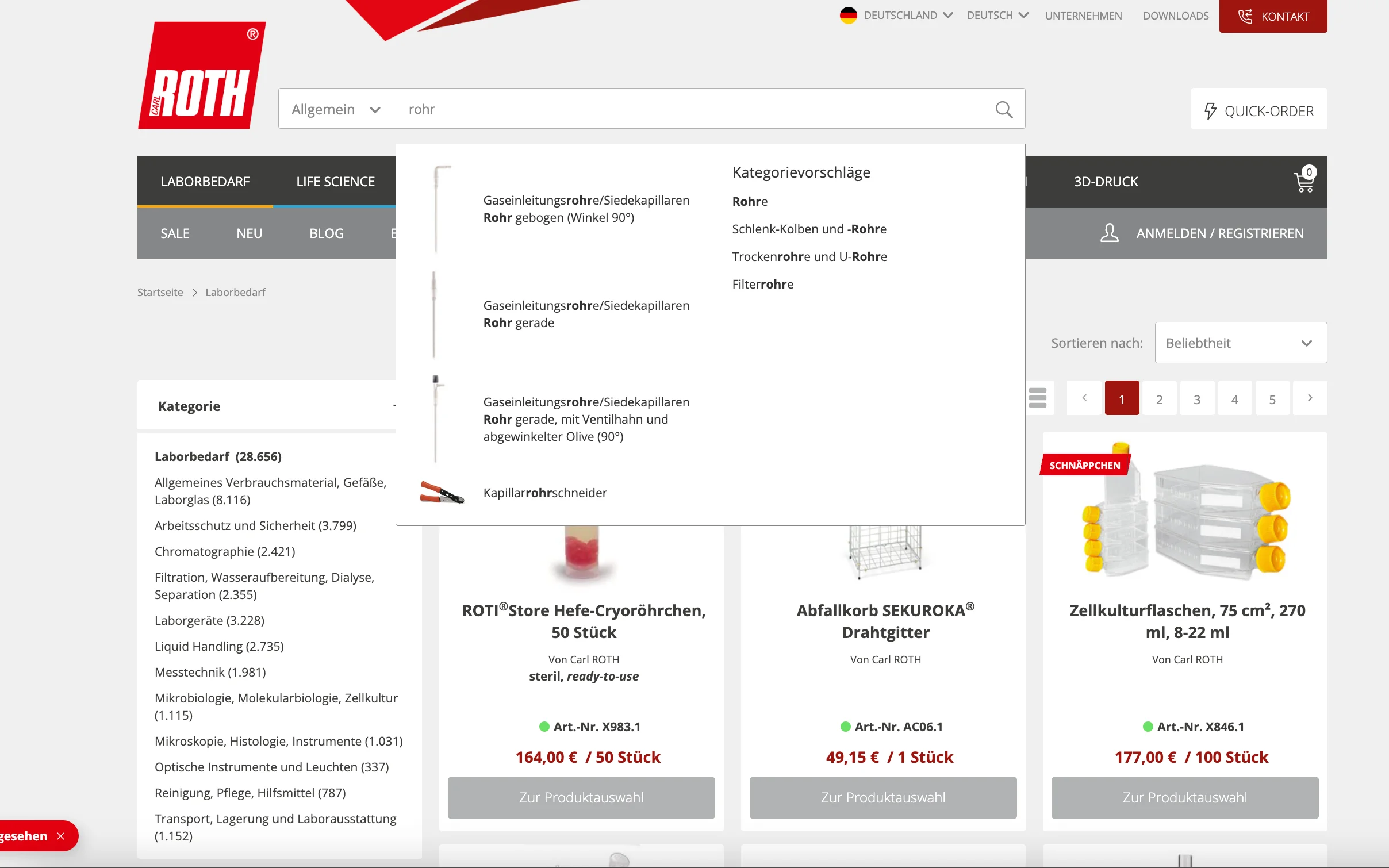 Screenshot-Beleg: Carl Roth — Kriterium 2.3 Suchvorschläge während der Eingabe