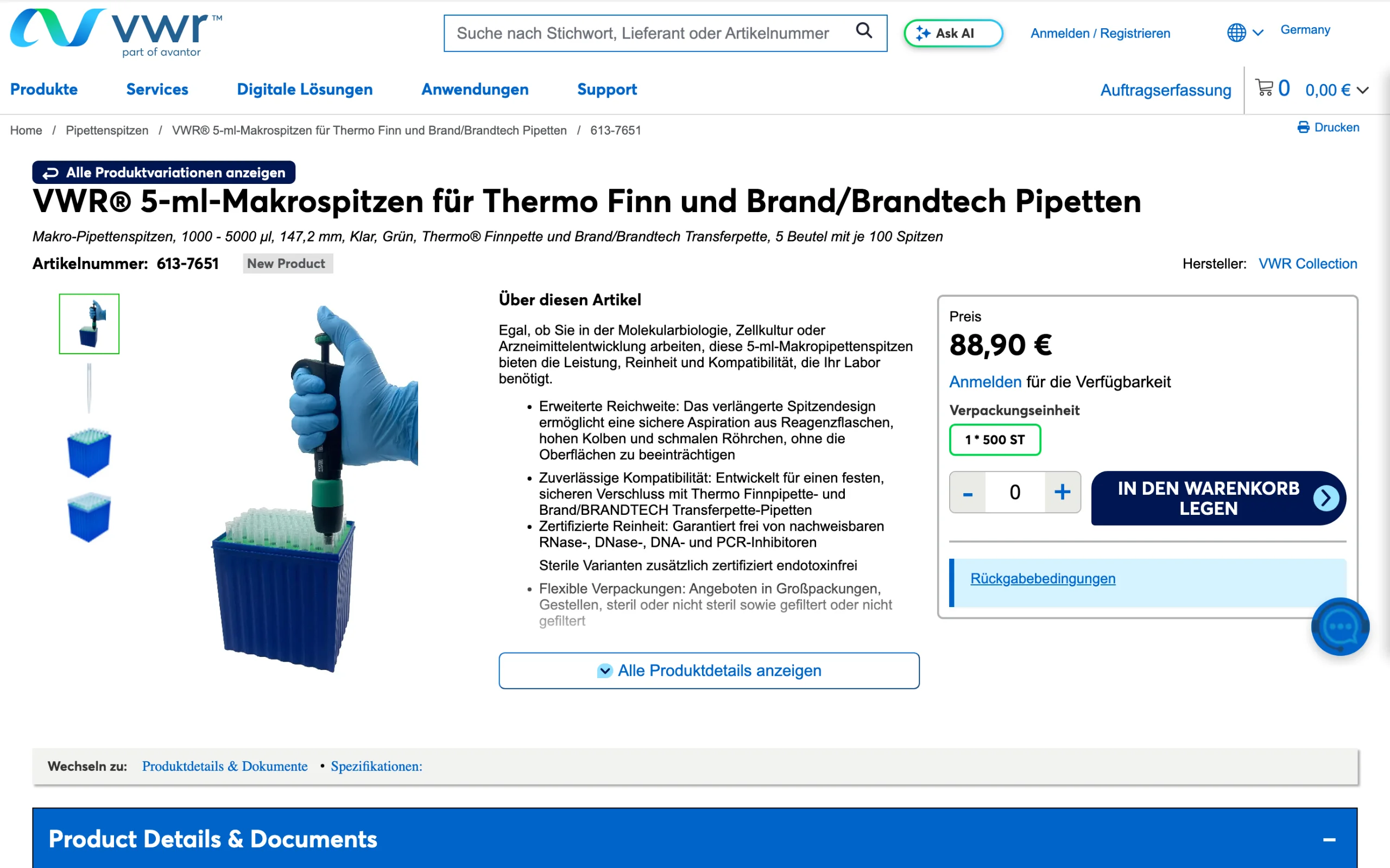 Screenshot-Beleg: VWR / Avantor — Kriterium 1.3 Staffelpreise / Mengenrabatte