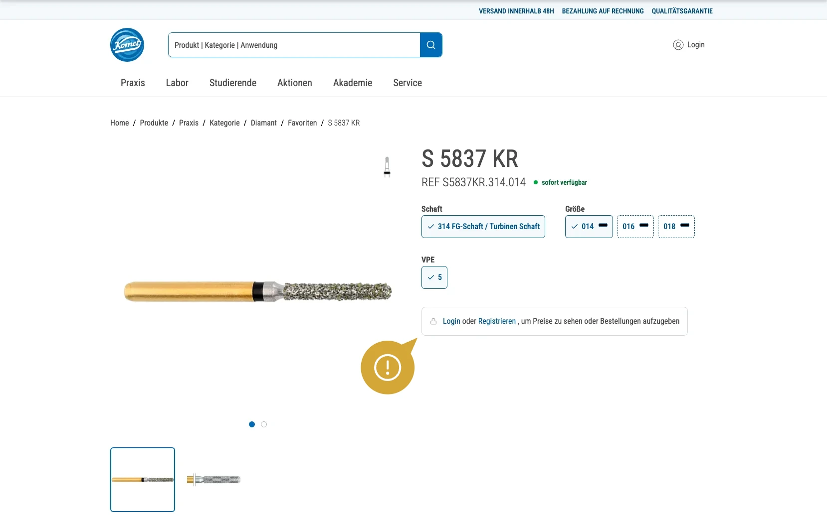Screenshot-Beleg: Komet Dental — Kriterium 5.1 „Wo kaufen"-Info auf Site