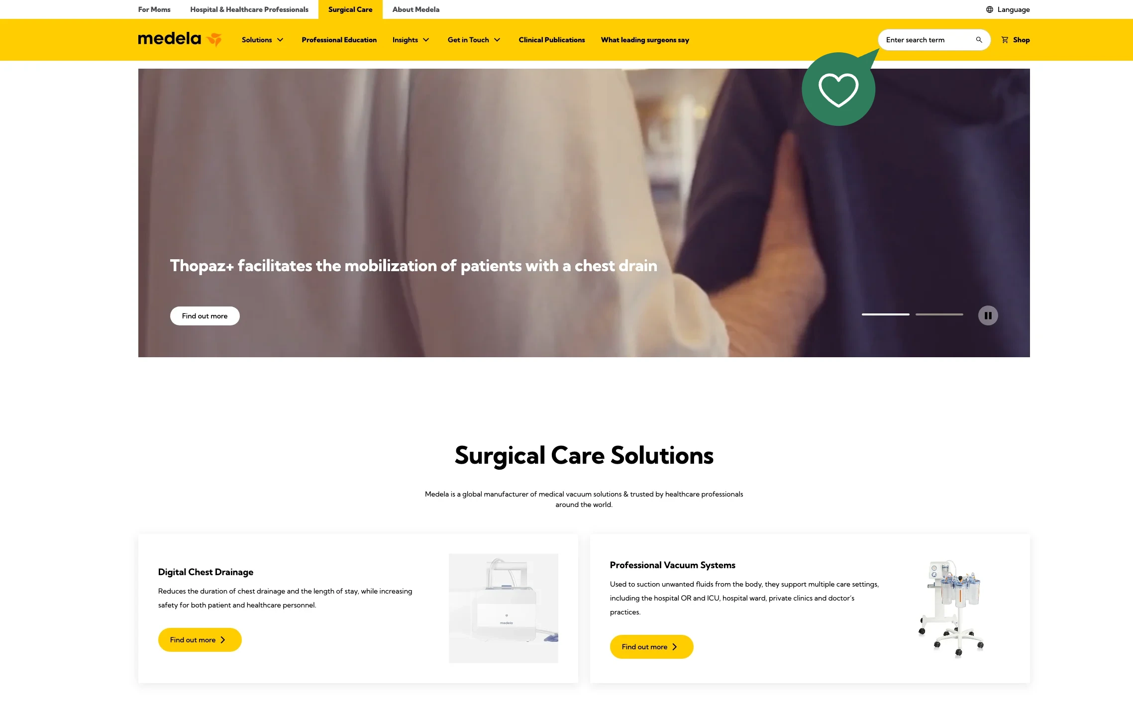 Screenshot-Beleg: Medela — Kriterium 2.1 Suchfeld persistent in Top-Bar