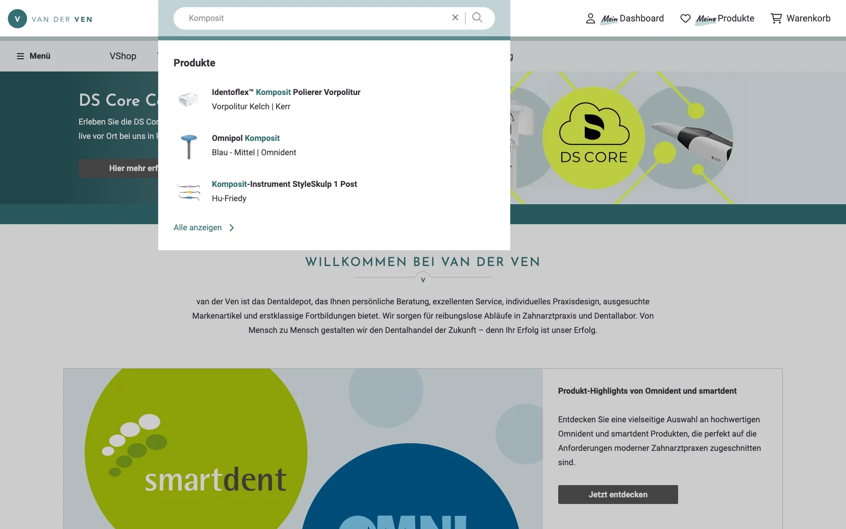 Screenshot-Beleg: van der Ven Dental — Kriterium 2.3 Suchvorschläge während der Eingabe