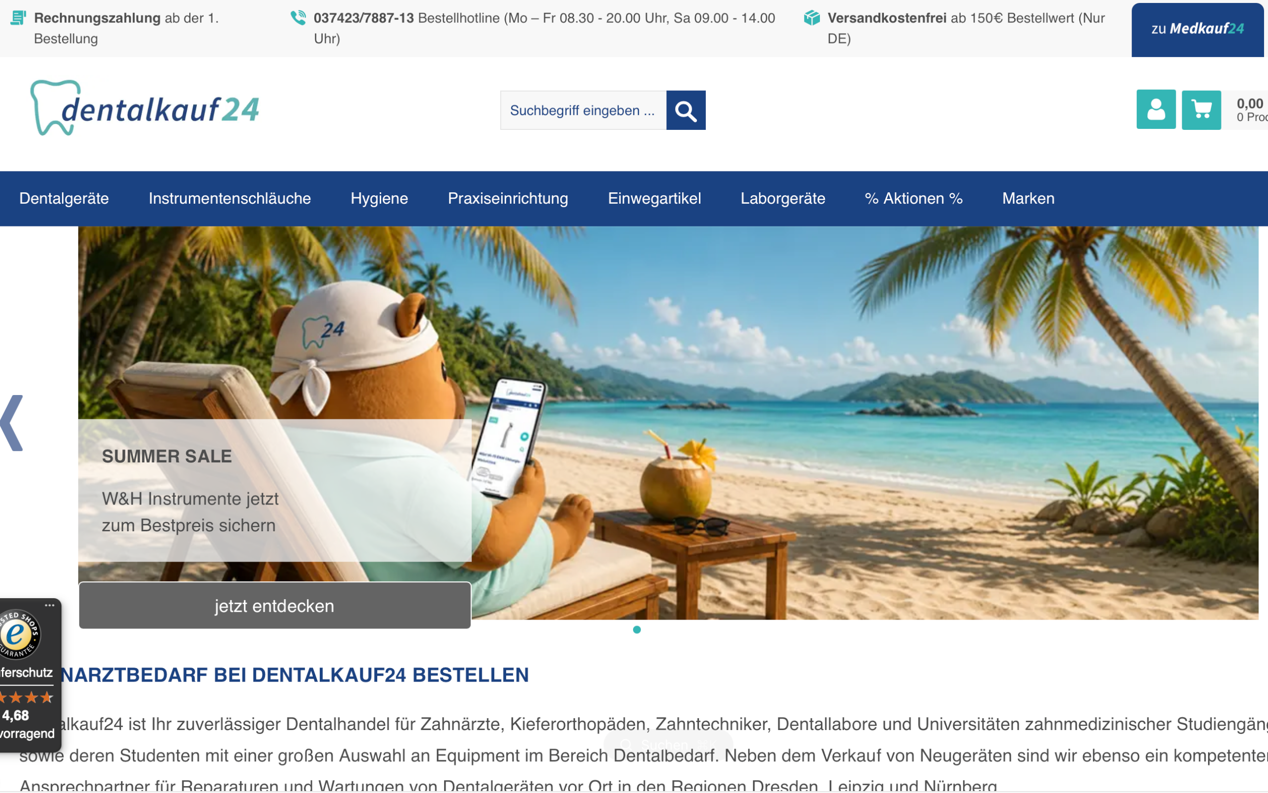 Screenshot-Beleg: Dentalkauf24 — Kriterium 2.1 Suchfeld persistent in Top-Bar