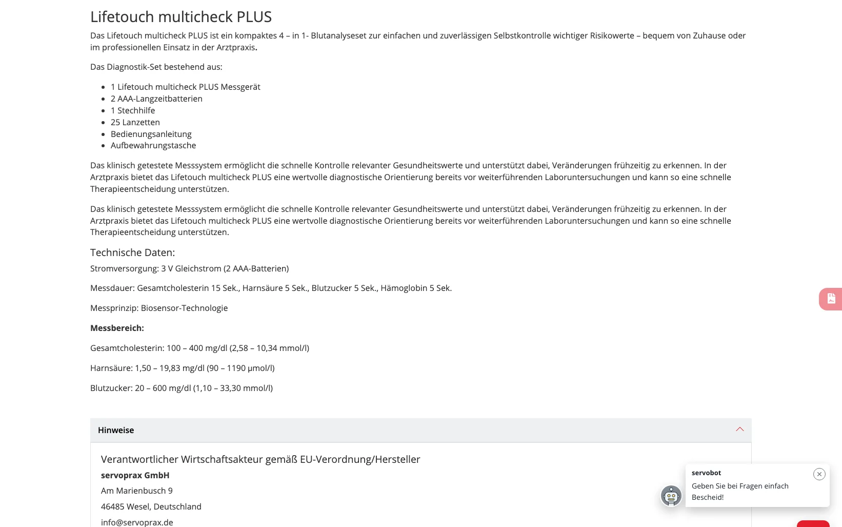 Screenshot-Beleg: Servoprax — Kriterium 4.3 Strukturierte Produktinformation