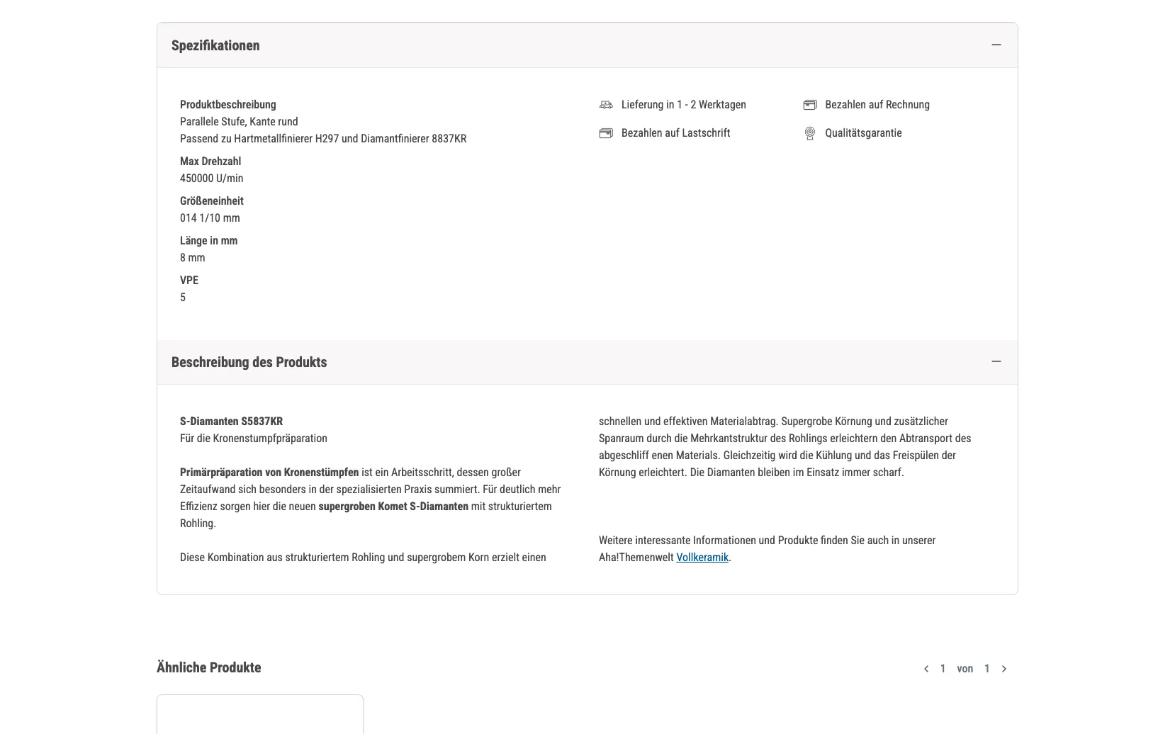 Screenshot-Beleg: Komet Dental — Kriterium 4.3 Strukturierte Produktinformation