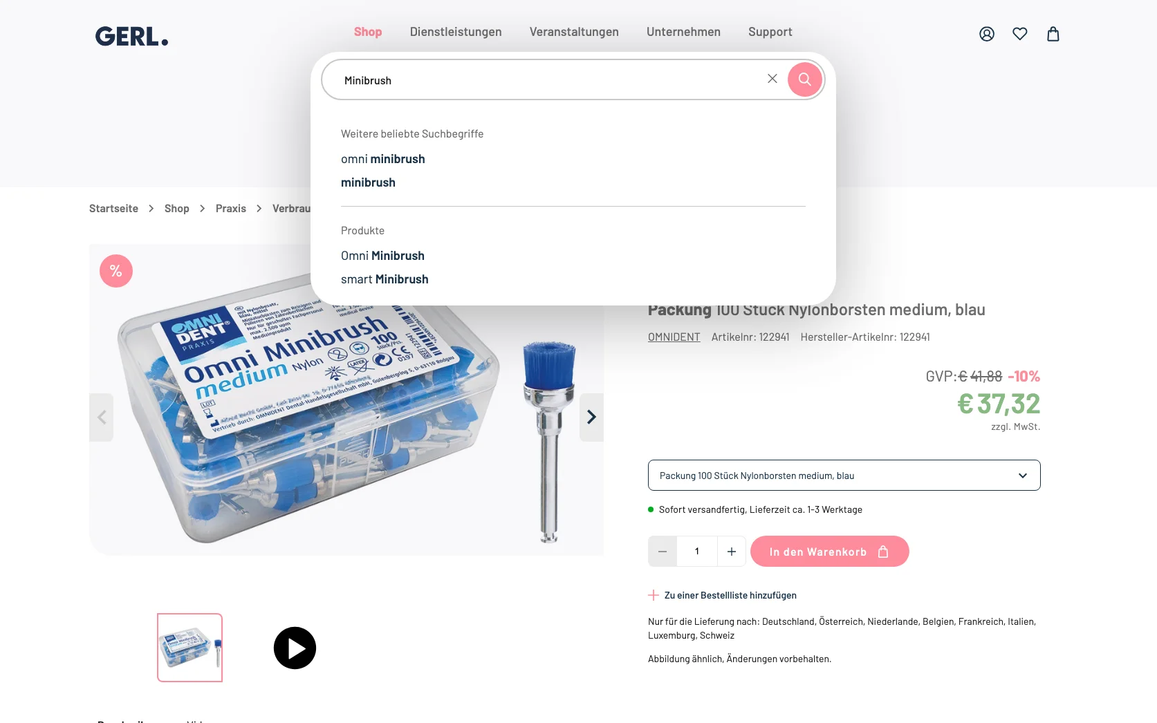 Screenshot-Beleg: Gerl Dental — Kriterium 2.3 Suchvorschläge während der Eingabe