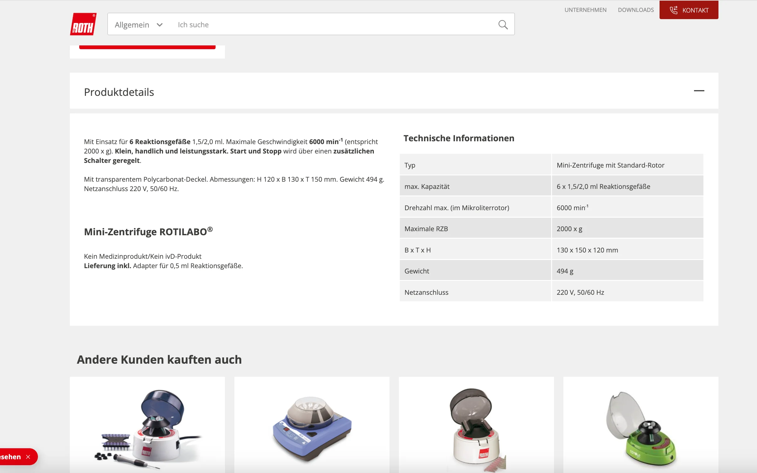 Screenshot-Beleg: Carl Roth — Kriterium 4.3 Strukturierte Produktinformation