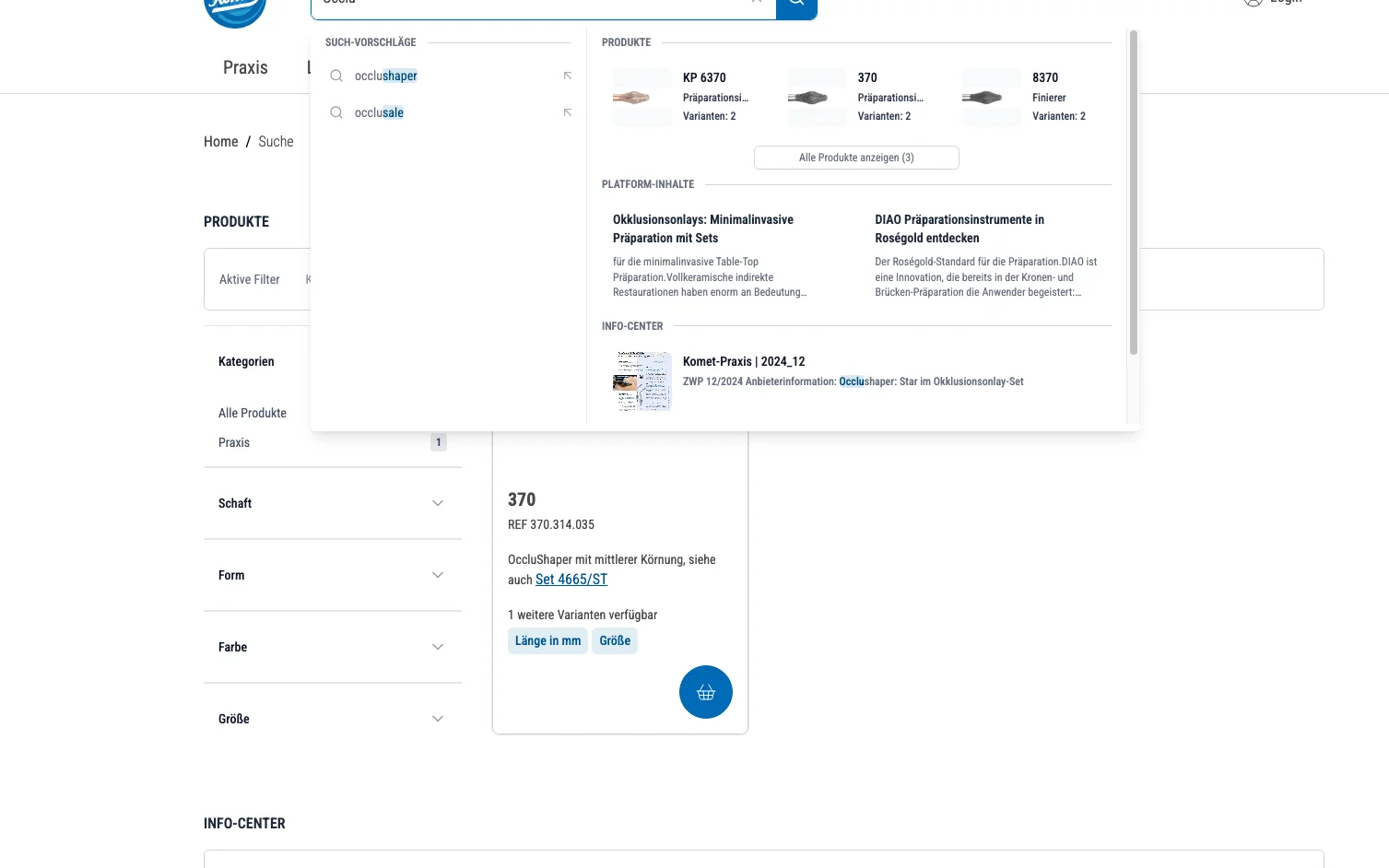 Screenshot-Beleg: Komet Dental — Kriterium 2.3 Suchvorschläge während der Eingabe