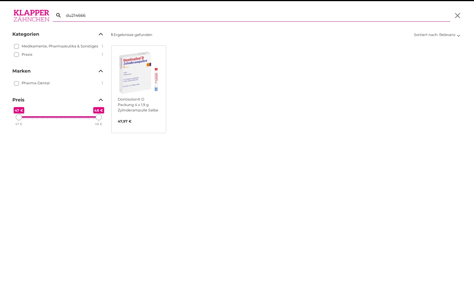 Screenshot-Beleg: Klapperzähnchen — Kriterium 2.2 Suche per Artikelnr./PZN/REF