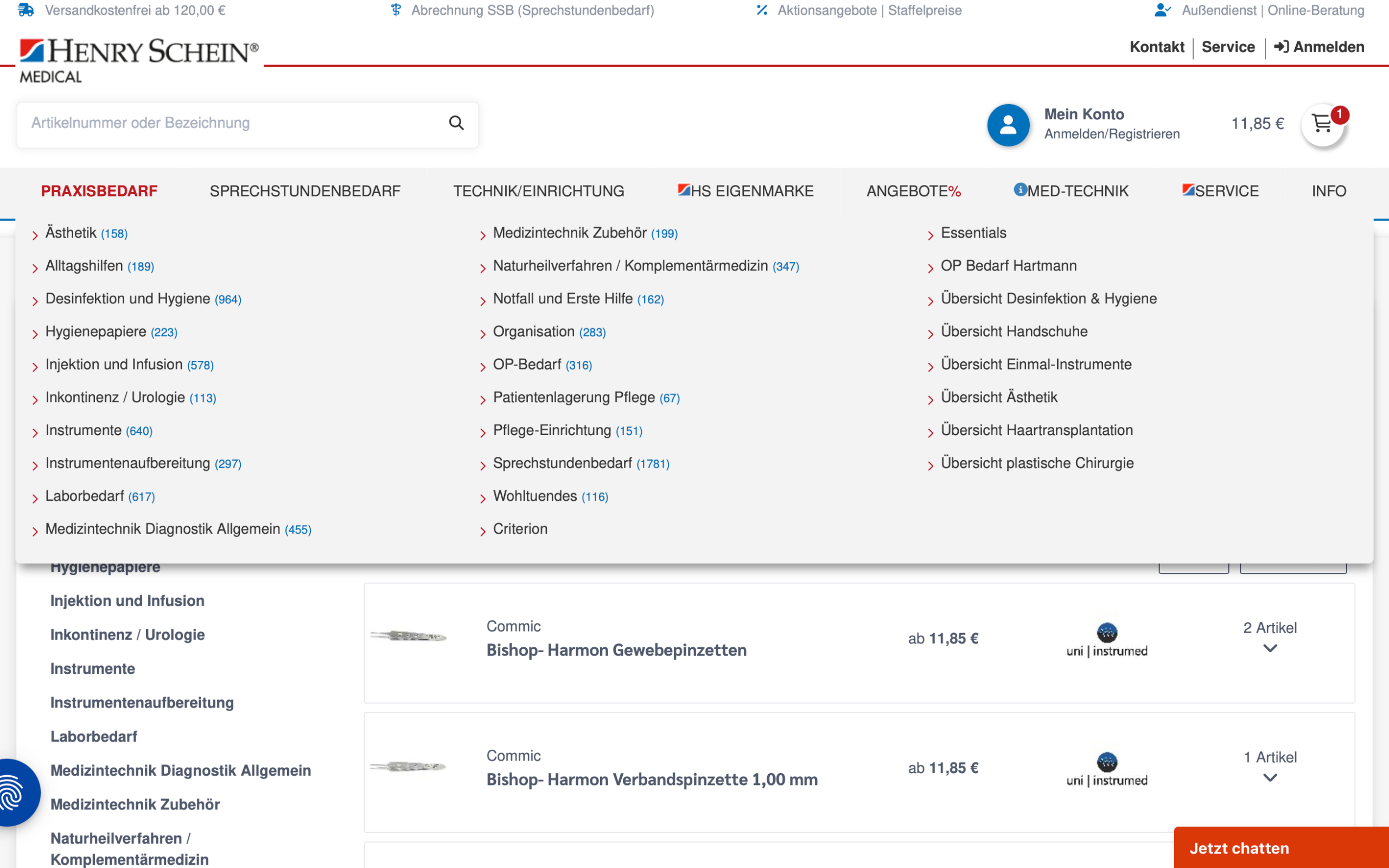 Screenshot-Beleg: Henry Schein Medical — Kriterium 2.4 Mega-Menü / Hauptnavigation