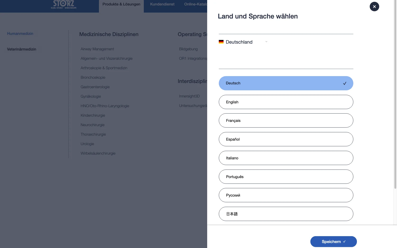 Screenshot-Beleg: Karl Storz — Kriterium 1.5 Sprachauswahl