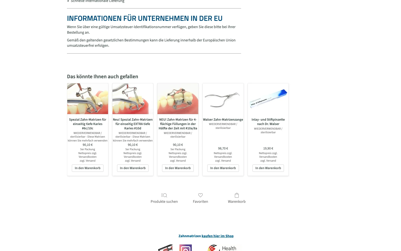 Screenshot-Beleg: Dr. Walser Dental GmbH — Kriterium 4.9 Passende Produkte & Zubehör