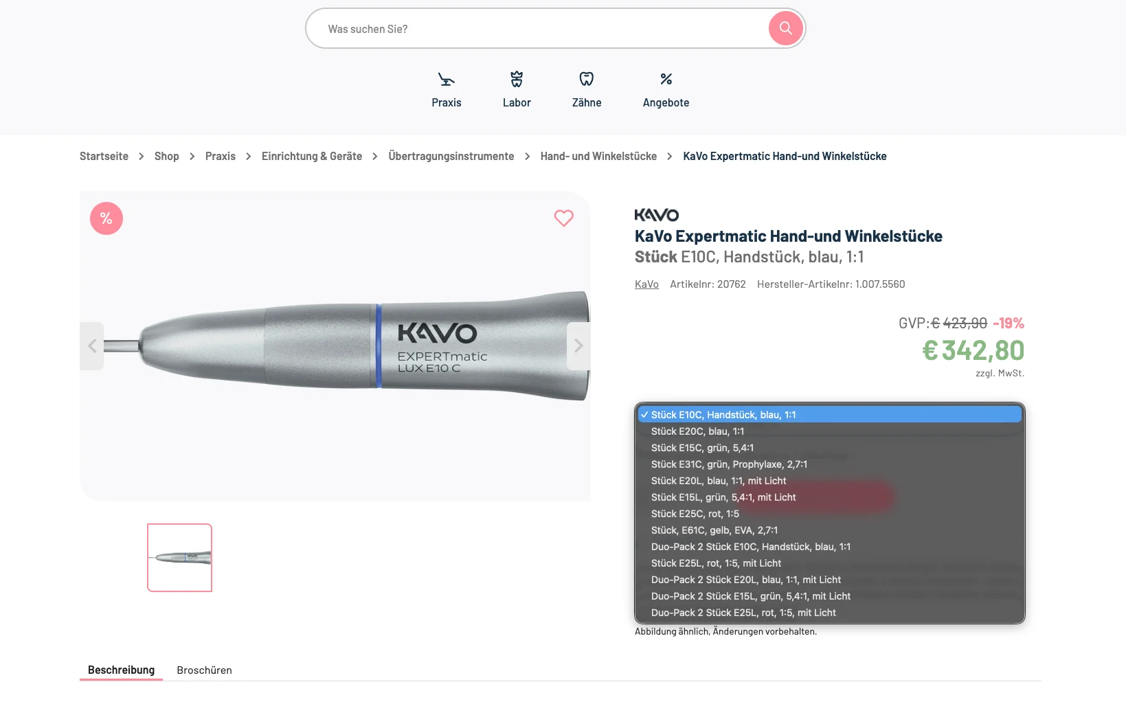 Screenshot-Beleg: Gerl Dental — Kriterium 4.4 Verpackungseinheit / Varianten