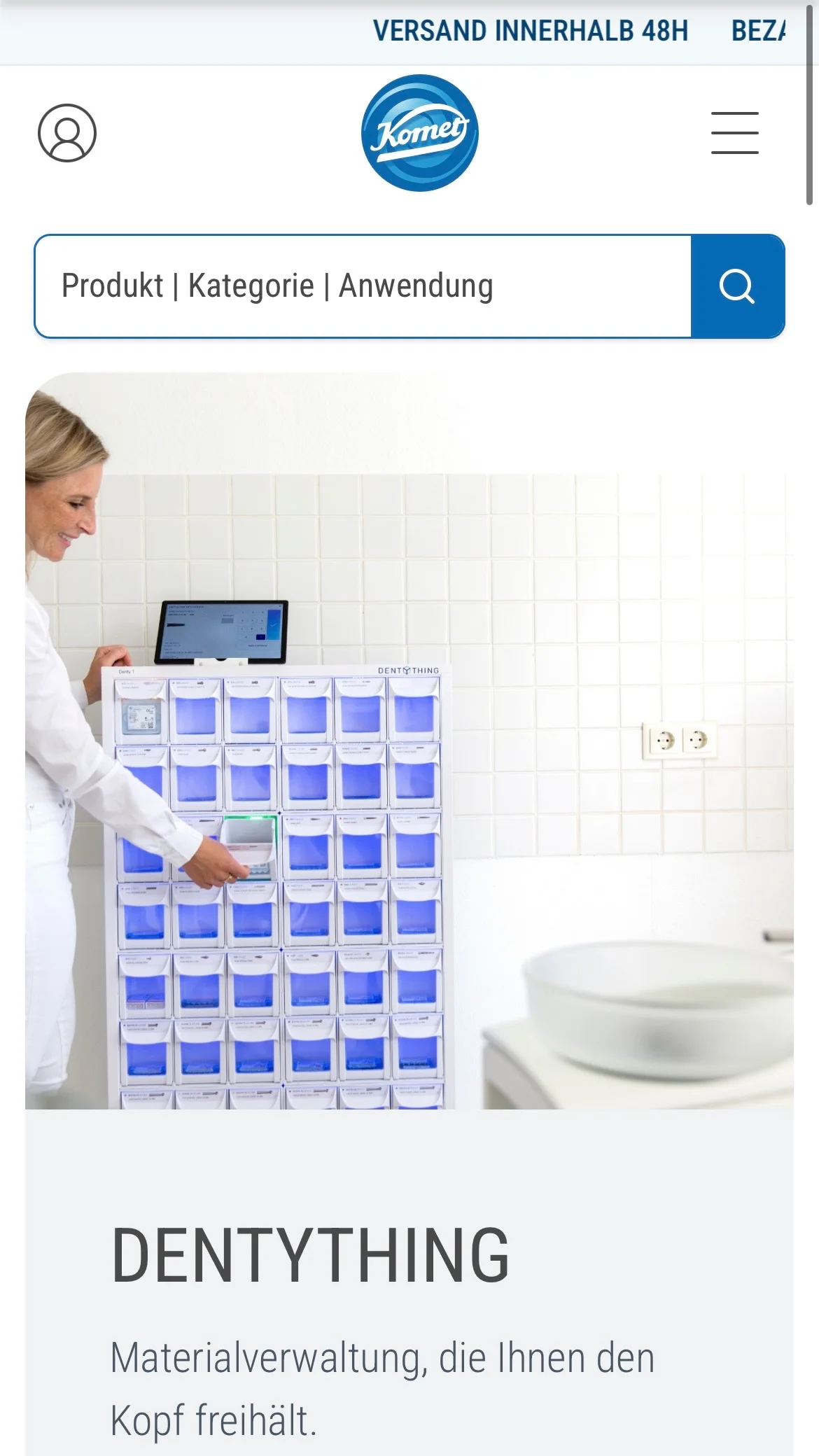 Screenshot-Beleg: Komet Dental — Kriterium 7.5 Mobile Bedienbarkeit