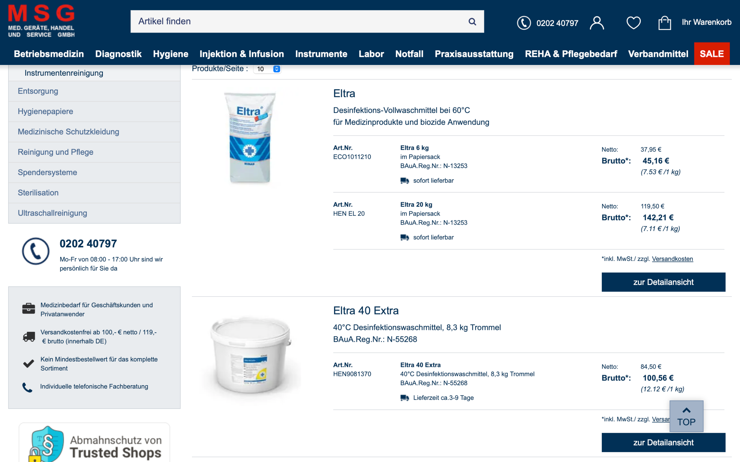 Screenshot-Beleg: MSG-Praxisbedarf — Kriterium 1.2 Grundpreis / €-pro-Einheit