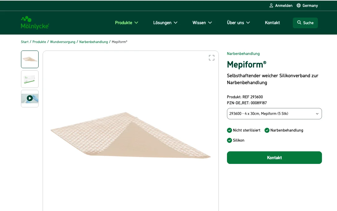 Screenshot-Beleg: Mölnlycke Health Care — Kriterium 4.1 Mehrere Bilder + Zoom (360°)