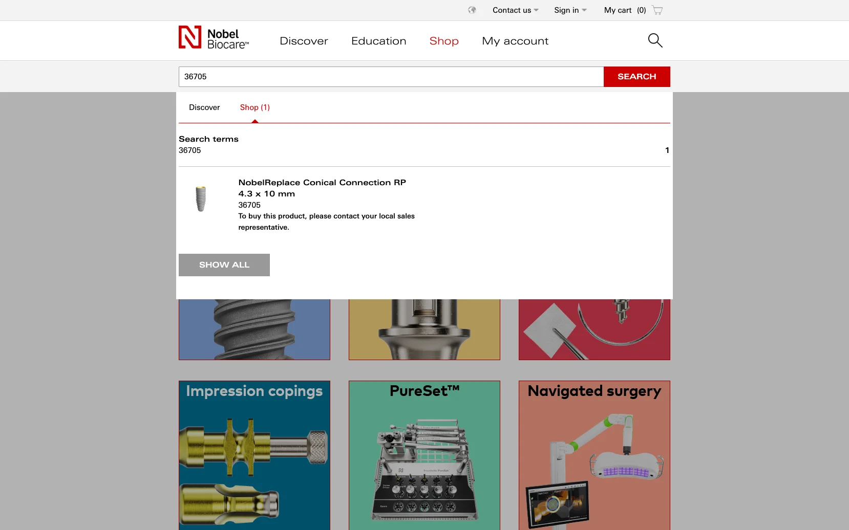 Screenshot-Beleg: Nobel Biocare — Kriterium 2.2 Suche per Artikelnr./PZN/REF