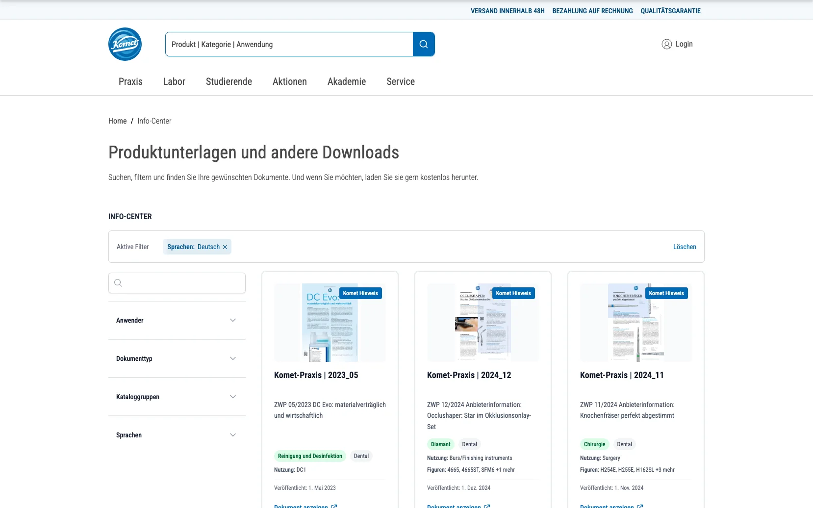 Screenshot-Beleg: Komet Dental — Kriterium 4.5 Klinische Studien / Evidenz