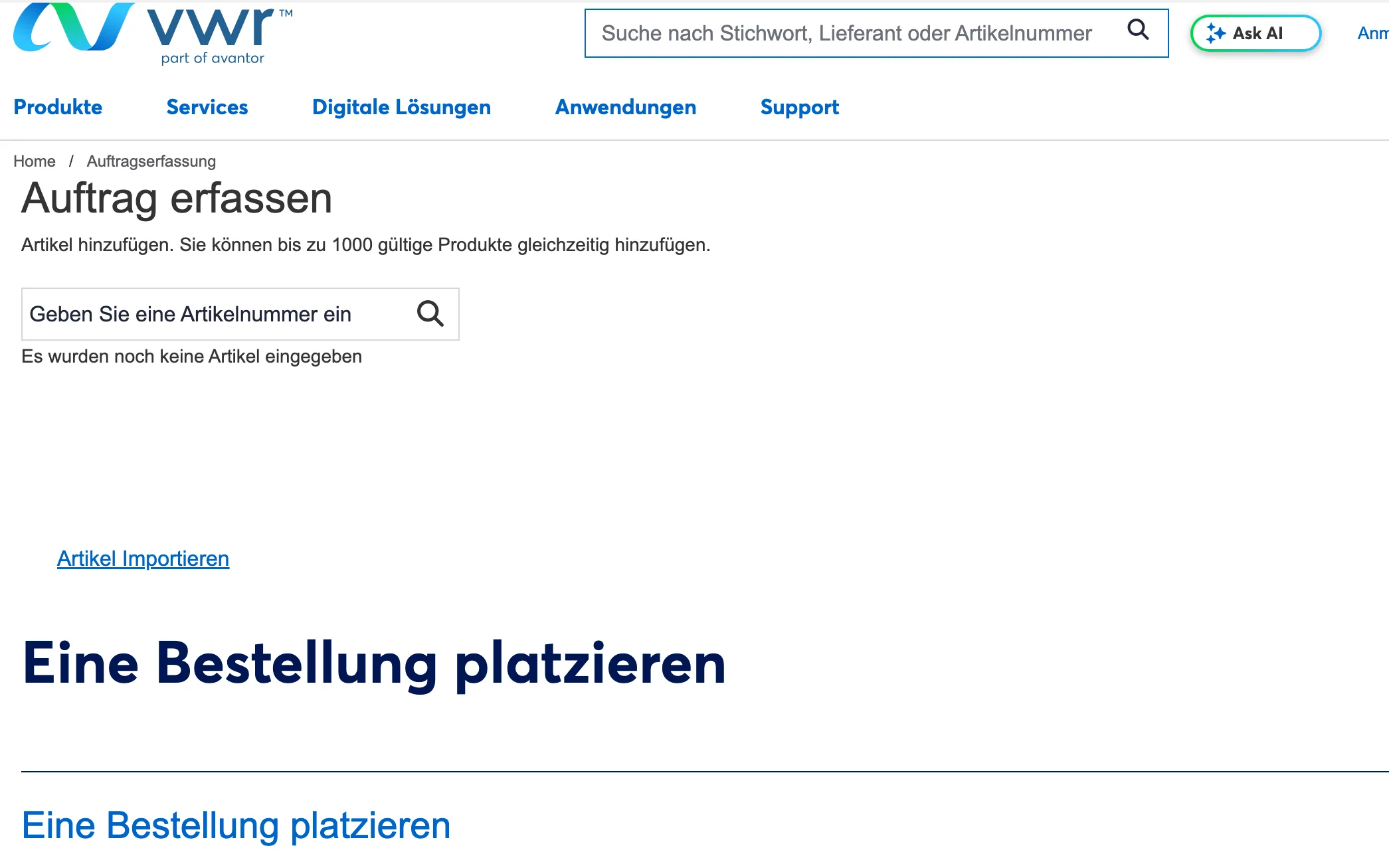 Screenshot-Beleg: VWR / Avantor — Kriterium 5.4 Schnellbestellung per Artikelnr.