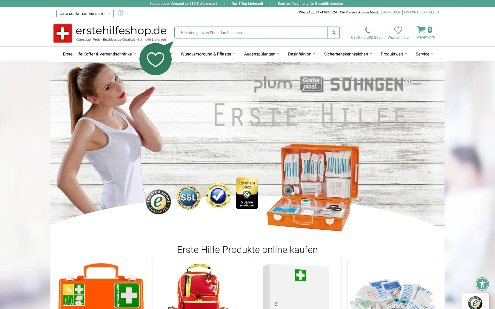 Screenshot-Beleg: erstehilfeshop.de — Kriterium 2.1 Suchfeld persistent in Top-Bar