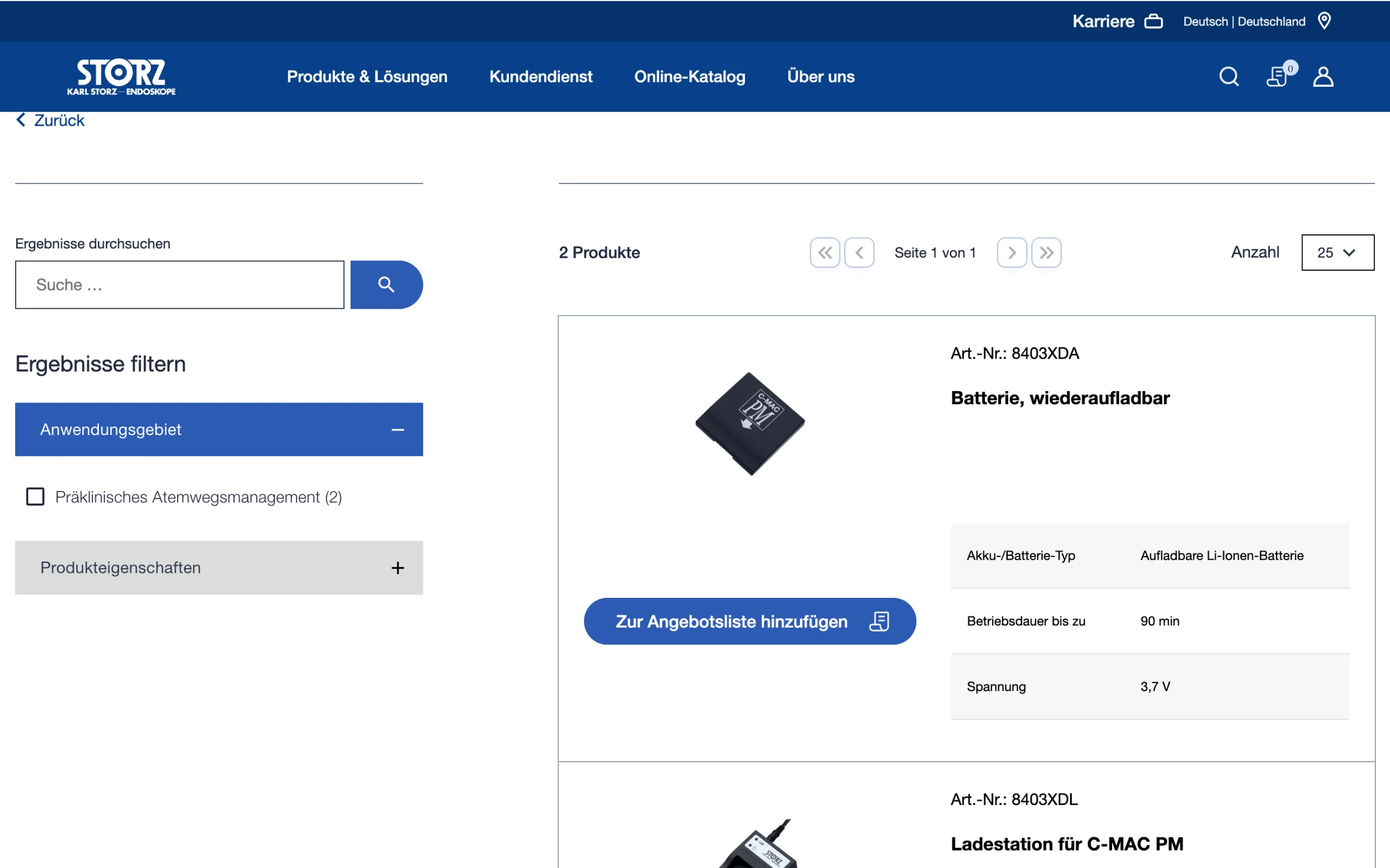 Screenshot-Beleg: Karl Storz — Kriterium 1.1 Öffentlicher Katalog-Zugang