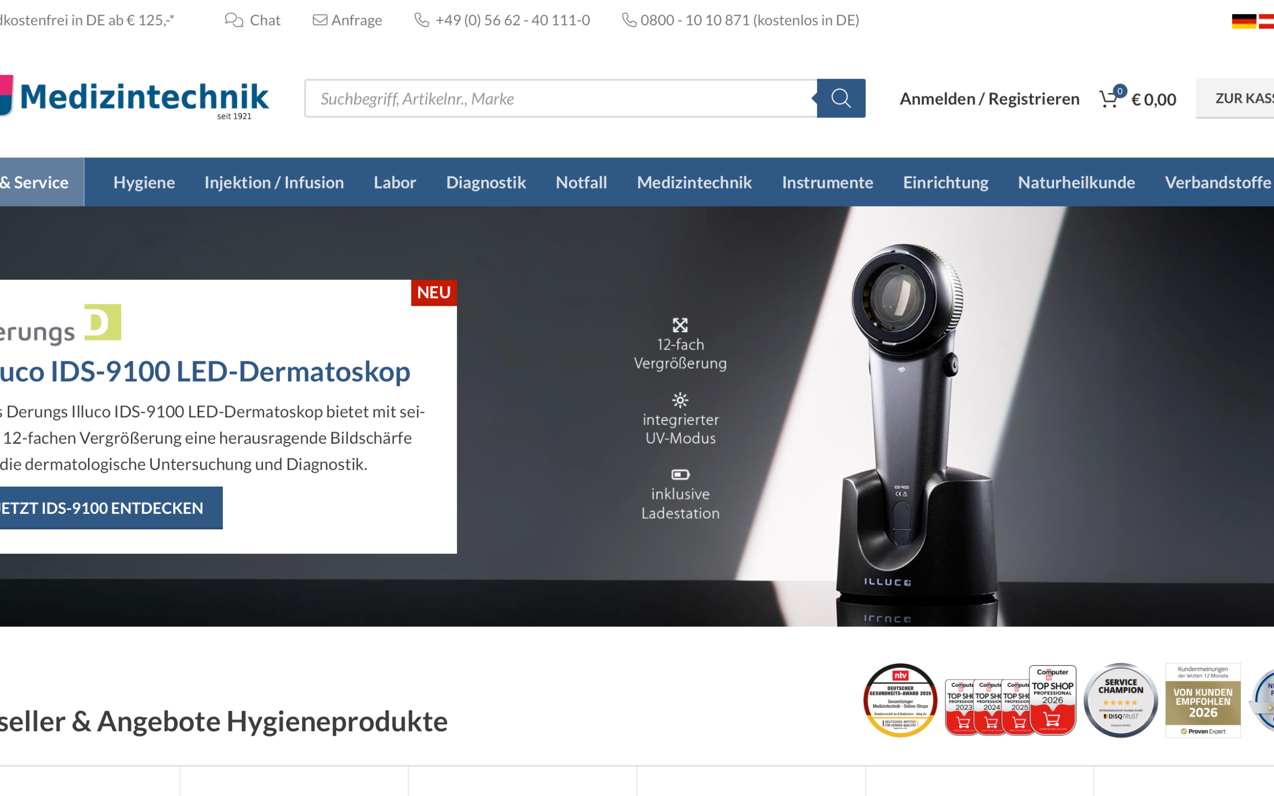 Screenshot-Beleg: KS Medizintechnik — Kriterium 2.1 Suchfeld persistent in Top-Bar