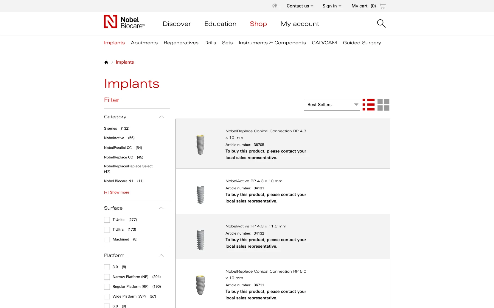 Screenshot-Beleg: Nobel Biocare — Kriterium 1.1 Öffentlicher Katalog-Zugang