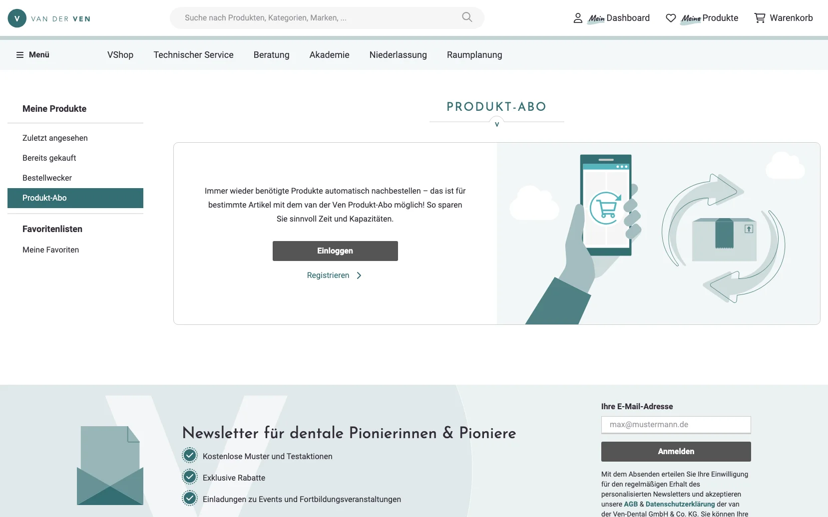 Screenshot-Beleg: van der Ven Dental — Kriterium 5.4 Schnellbestellung per Artikelnr.