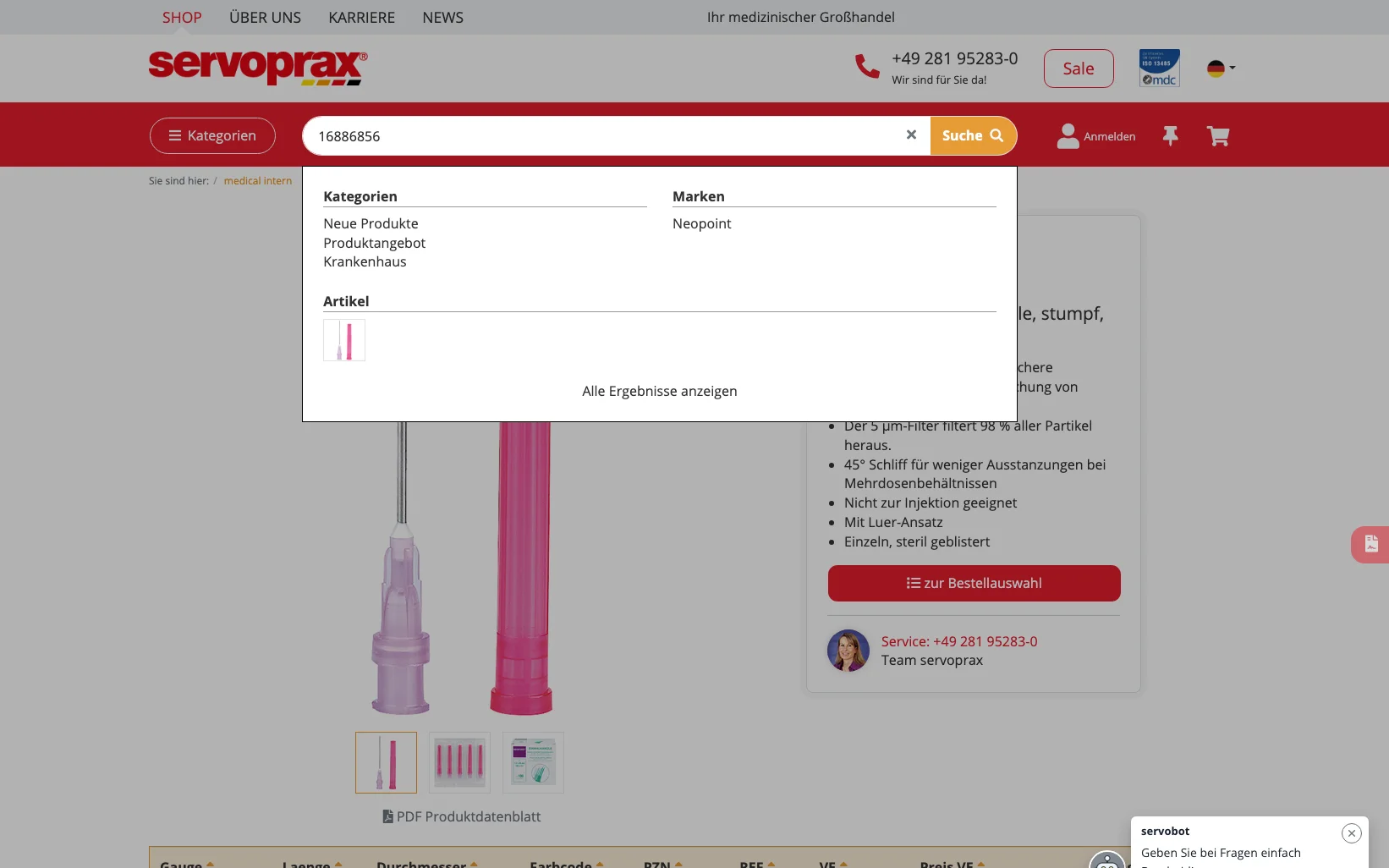 Screenshot-Beleg: Servoprax — Kriterium 2.2 Suche per Artikelnr./PZN/REF