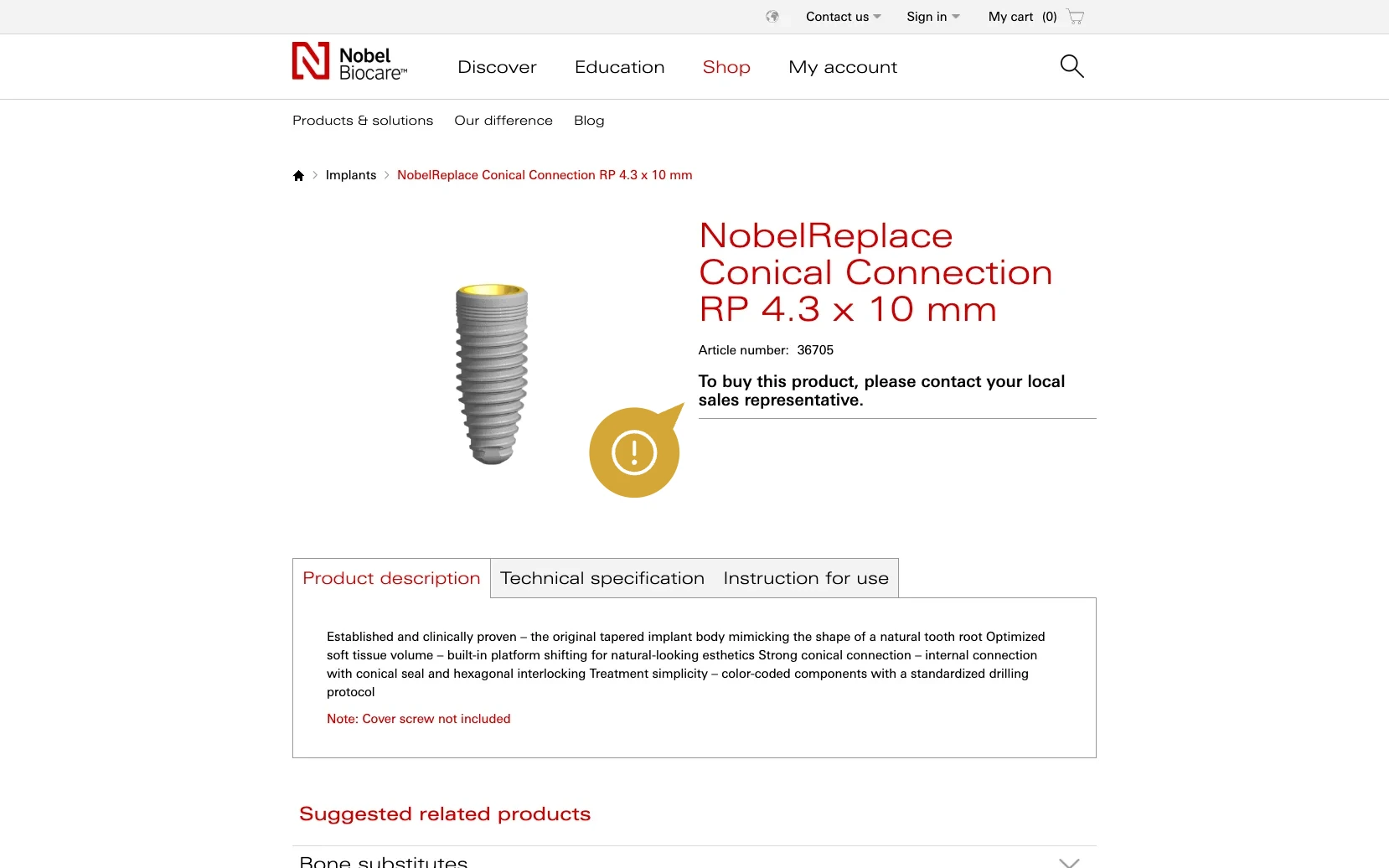 Screenshot-Beleg: Nobel Biocare — Kriterium 5.1 „Wo kaufen"-Info auf Site