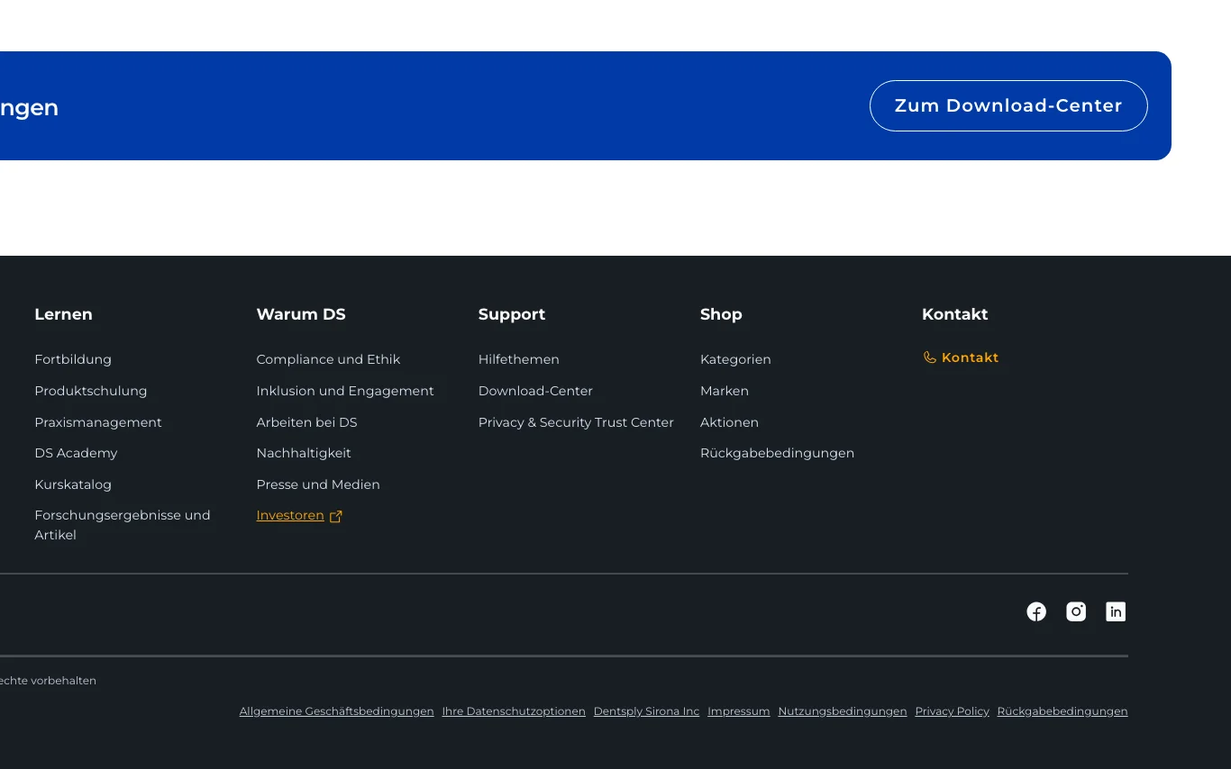 Screenshot-Beleg: Dentsply Sirona — Kriterium 6.1 Kontaktmöglichkeiten präsent