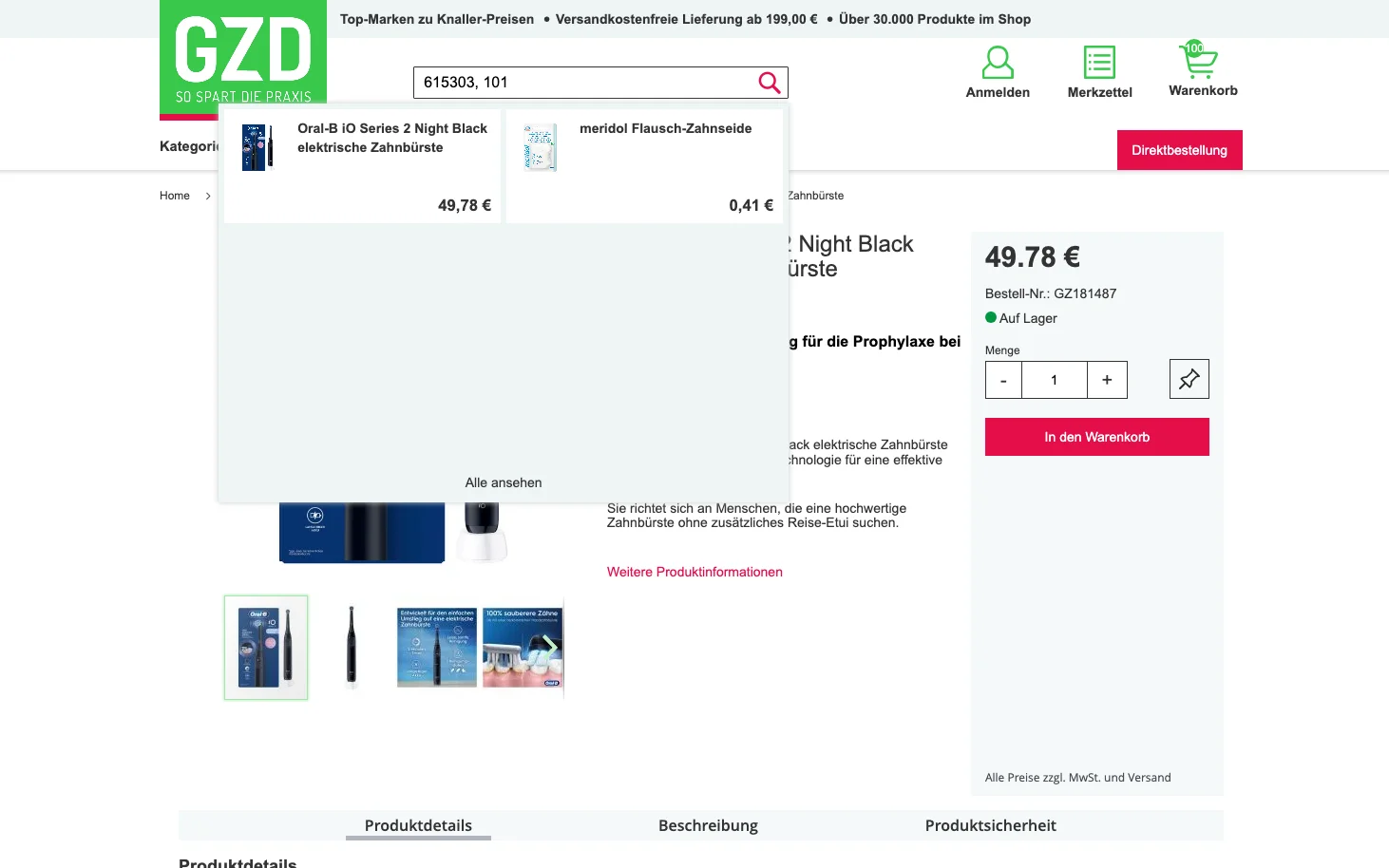 Screenshot-Beleg: Geiz Dental — Kriterium 5.4 Schnellbestellung per Artikelnr.