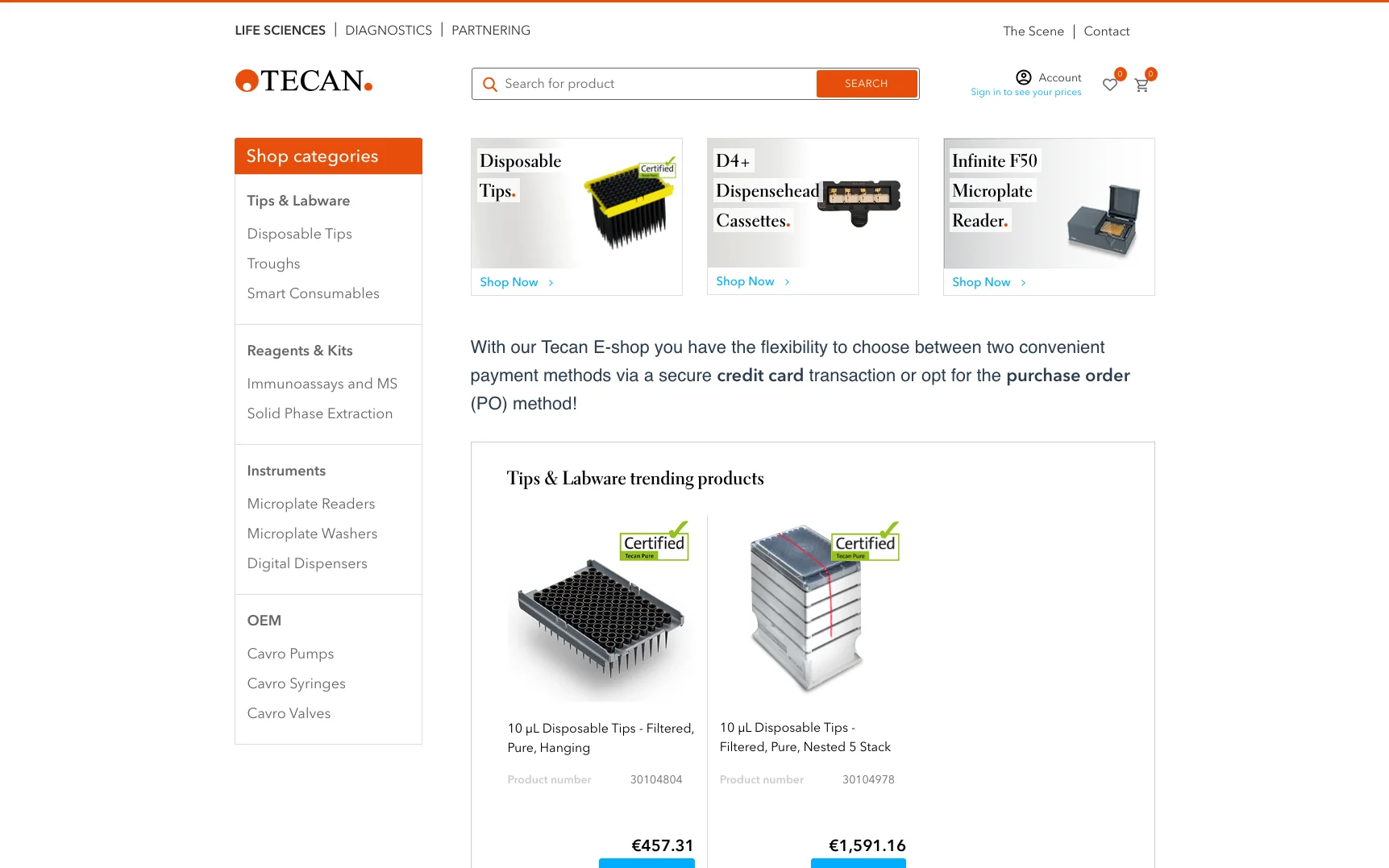 Screenshot-Beleg: Tecan — Kriterium 2.1 Suchfeld persistent in Top-Bar