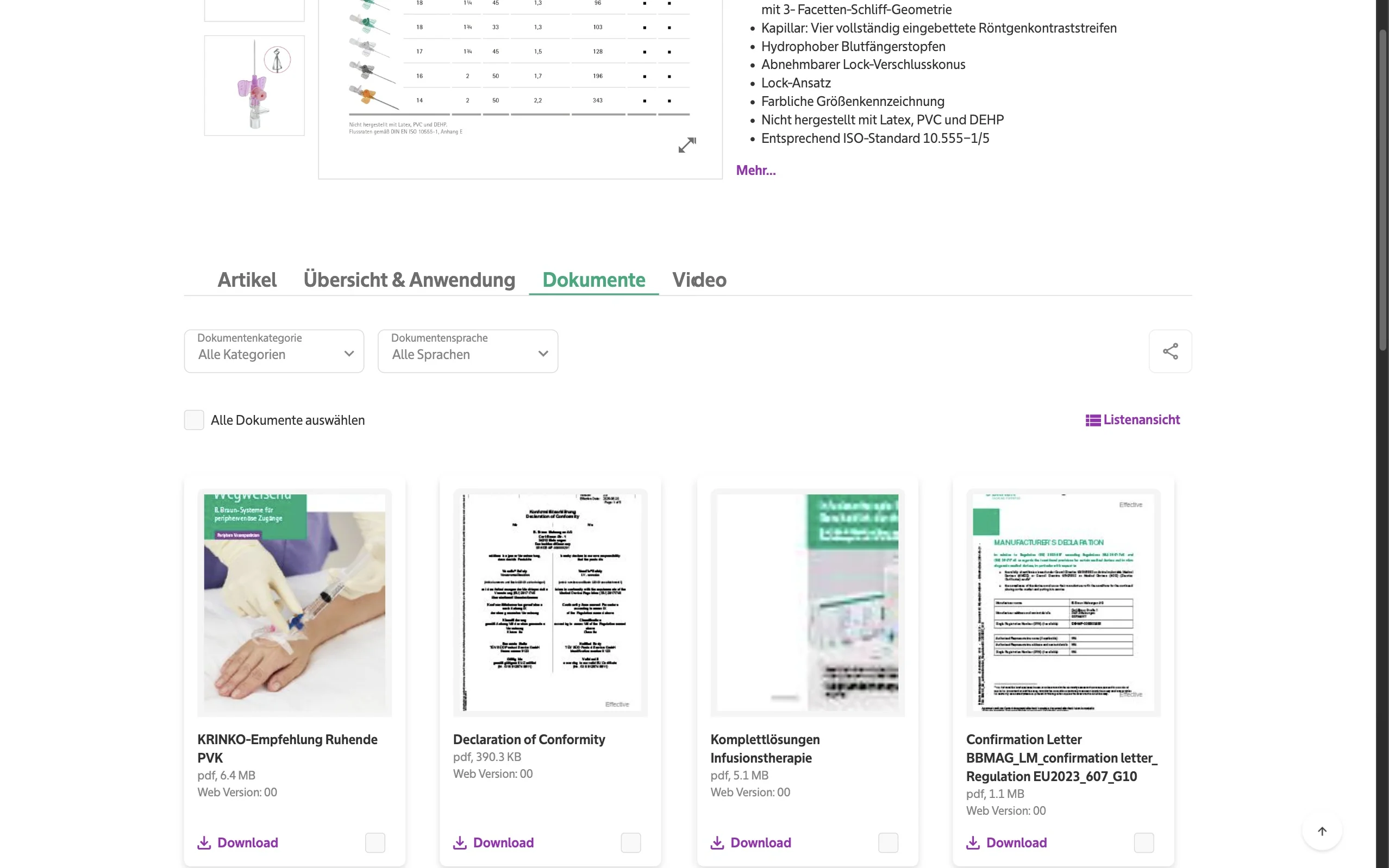 Screenshot-Beleg: B. Braun — Kriterium 4.2 Tech. Dokumente downloadbar