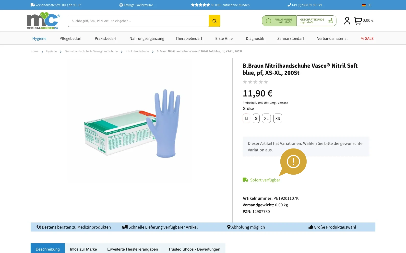Screenshot-Beleg: medicalcorner24 — Kriterium 5.3 Lieferzeit / Verfügbarkeit