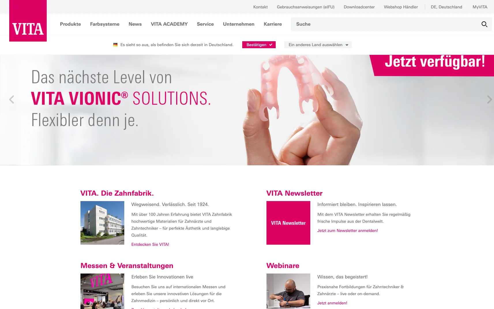 Screenshot-Beleg: VITA Zahnfabrik — Kriterium 2.1 Suchfeld persistent in Top-Bar