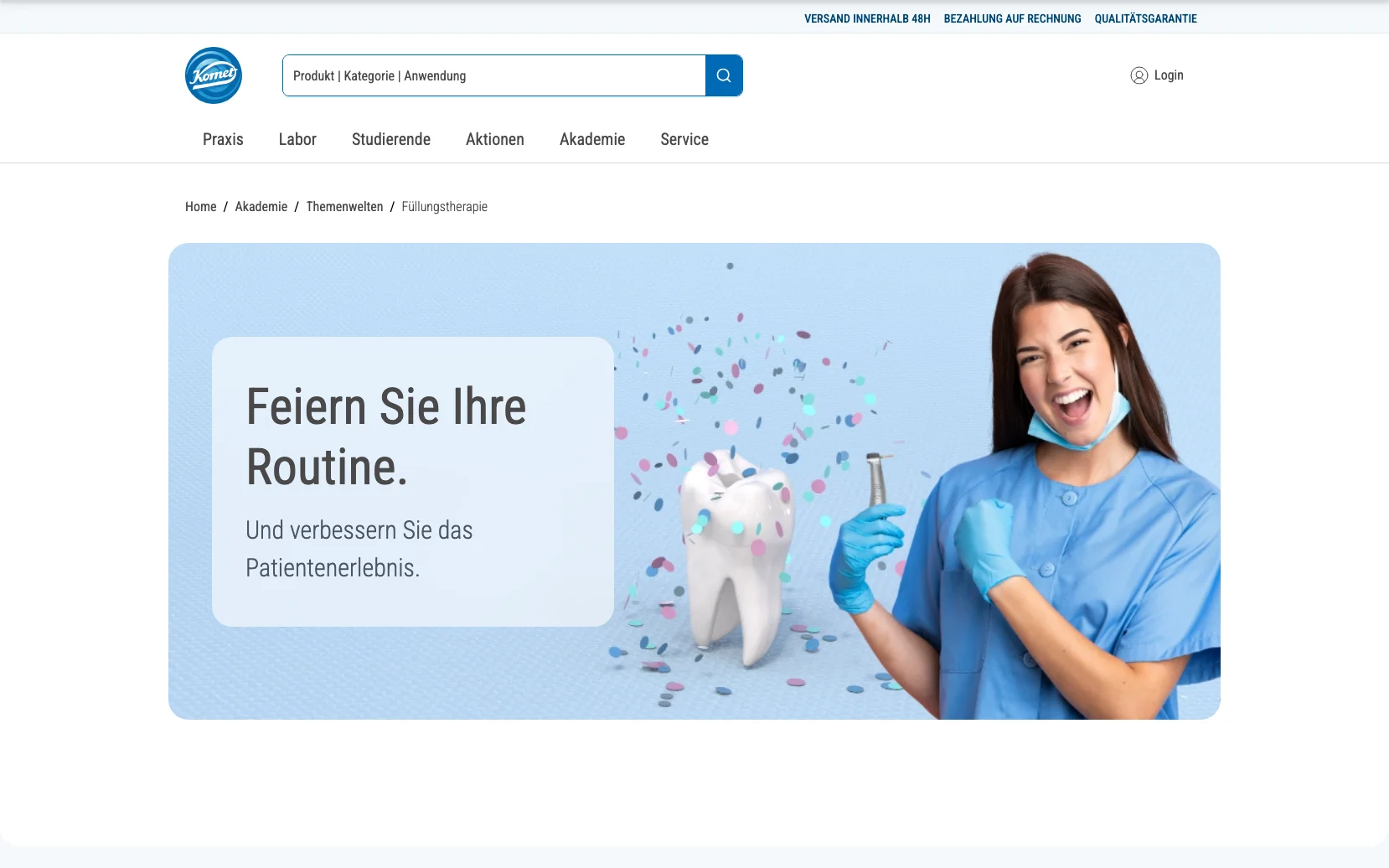 Screenshot-Beleg: Komet Dental — Kriterium 6.7 Content-/Ratgeber-Bereich