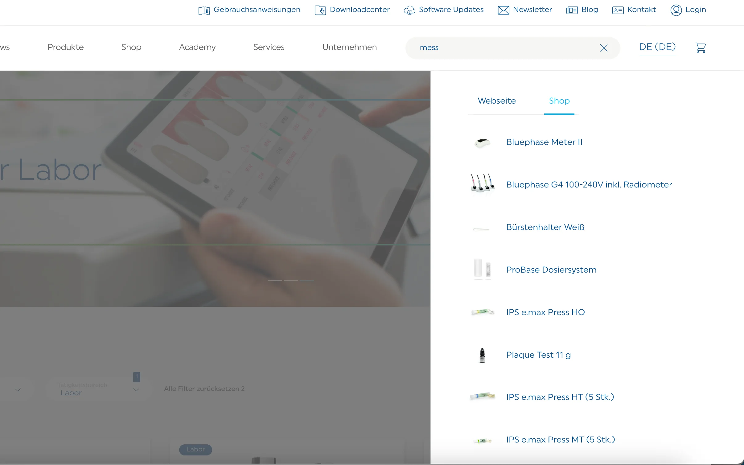 Screenshot-Beleg: Ivoclar Vivadent — Kriterium 2.3 Suchvorschläge während der Eingabe