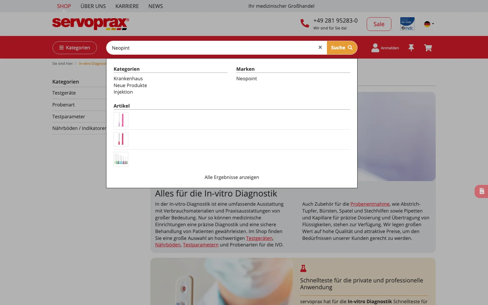 Screenshot-Beleg: Servoprax — Kriterium 2.3 Suchvorschläge während der Eingabe